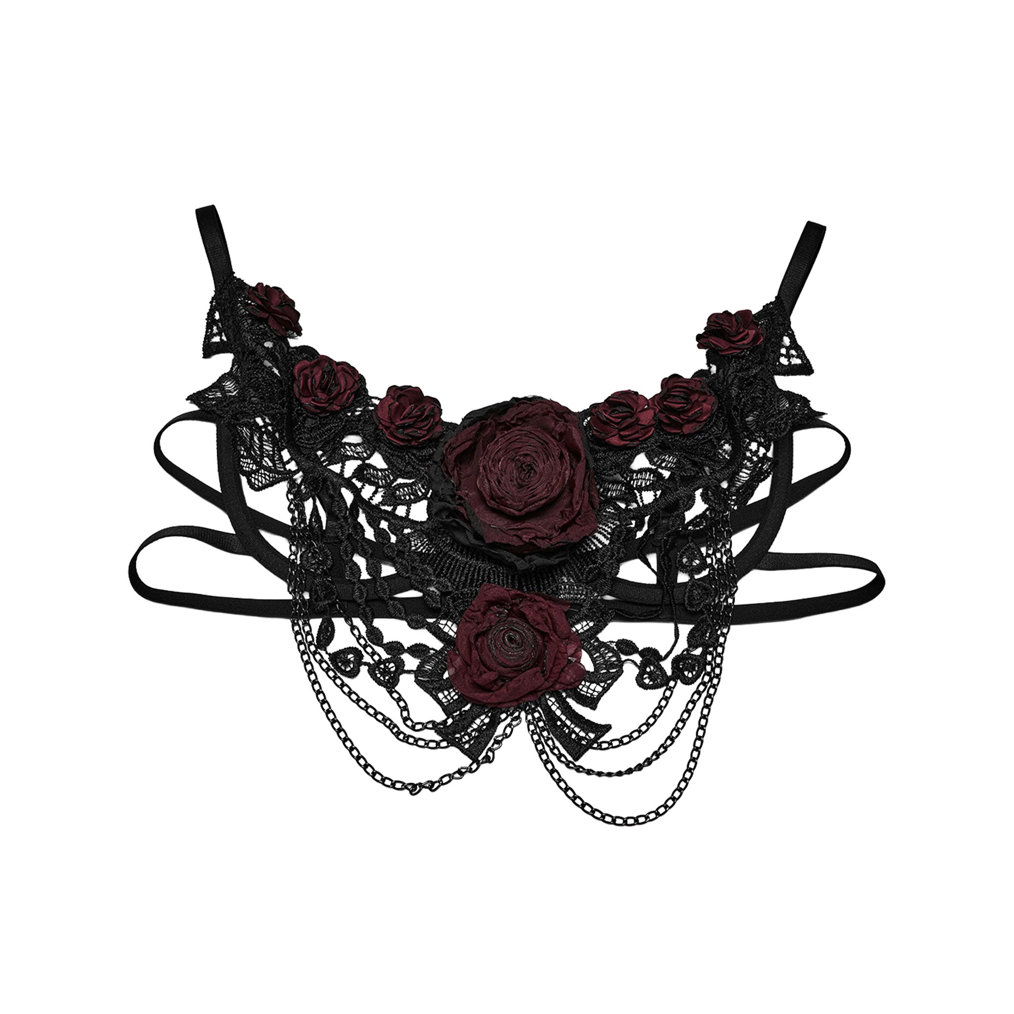 Lace sheer semi-transparent polyester polyamide chain apparel top intimates lingerie bra bralette hanging-chains floral-lace 3d-rose crop-top rose-accent sleeveless adjustable shoulder-straps intricate layered lightweight breathable stretchy ethereal edgy punk goth gothic dark rave raver-babe romantic darkwave festival costume cosplay halloween halloween-accessories afterdark-collection female femme feminine womens black-red