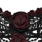 Lace sheer semi-transparent polyester polyamide chain apparel top intimates lingerie bra bralette hanging-chains floral-lace 3d-rose crop-top rose-accent sleeveless adjustable shoulder-straps intricate layered lightweight breathable stretchy ethereal edgy punk goth gothic dark rave raver-babe romantic darkwave festival costume cosplay halloween halloween-accessories afterdark-collection female femme feminine womens black-red