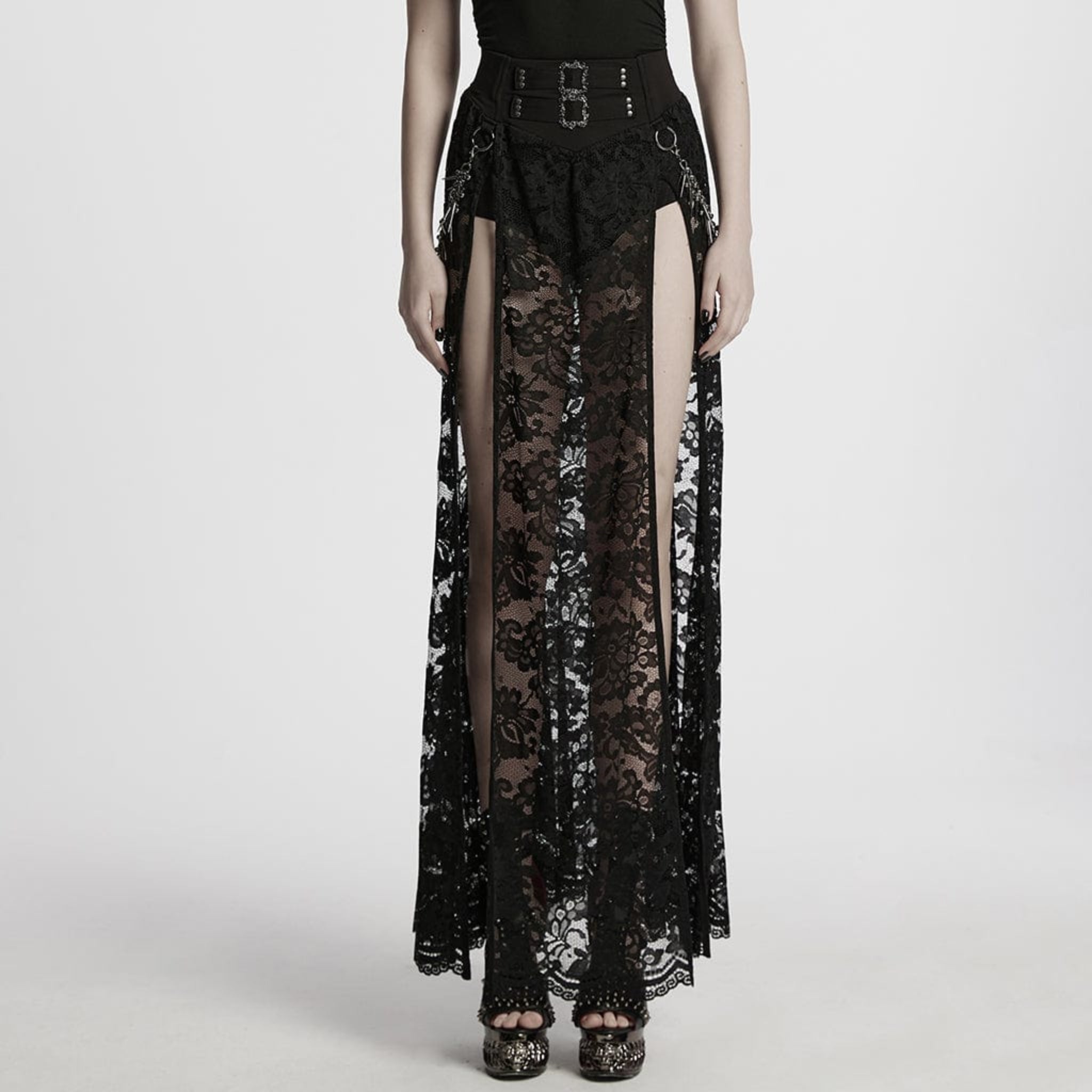 gothic lace skirt high slit buckle waist studded chain punk goth fashion victorian lace overlay gothic clothing fetish factory