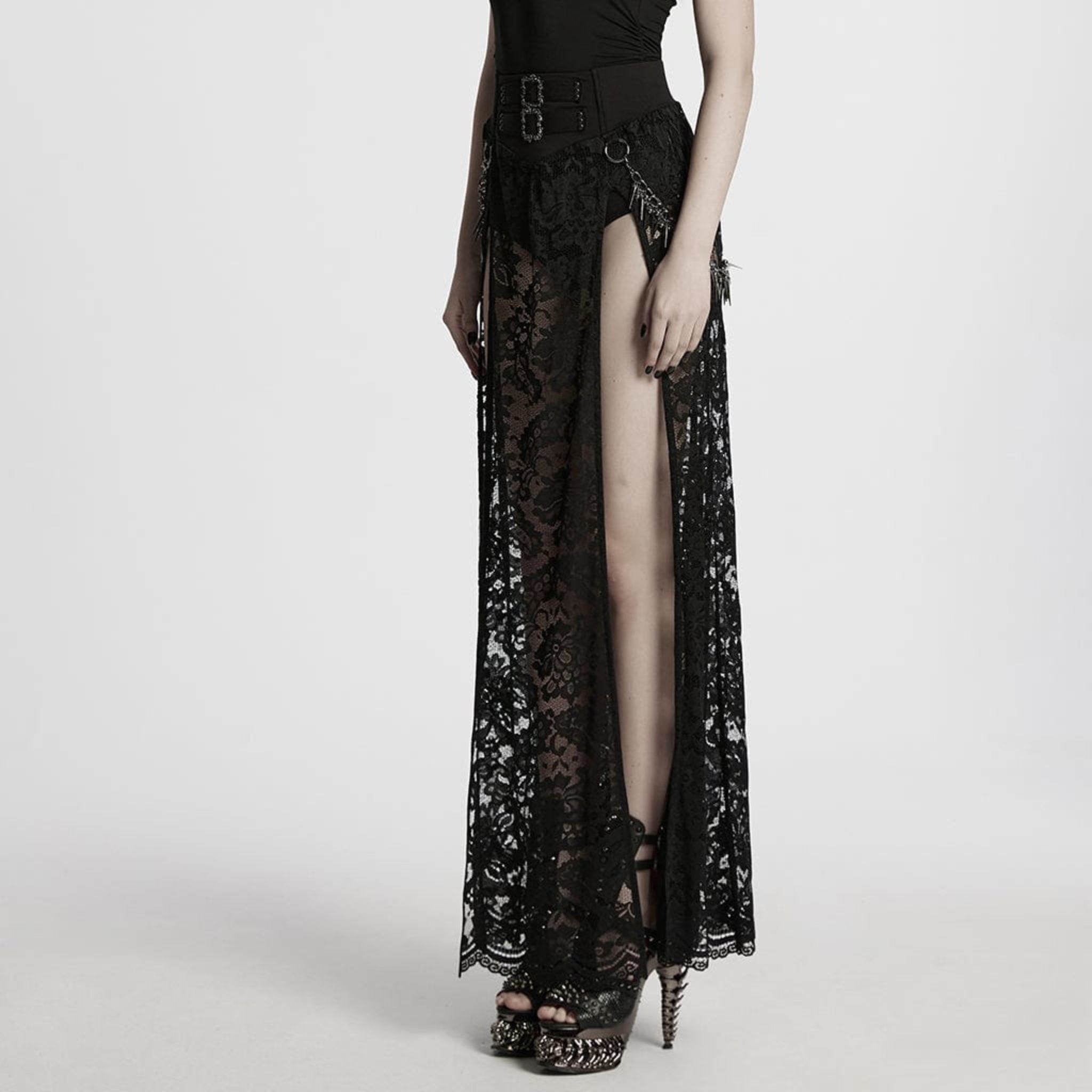 gothic lace skirt high slit buckle waist studded chain punk goth fashion victorian lace overlay gothic clothing fetish factory