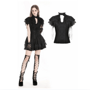 gothic tattered cape blouse black lace trim victorian ruffled sleeves high neck collar button down gothic top fetish fashion