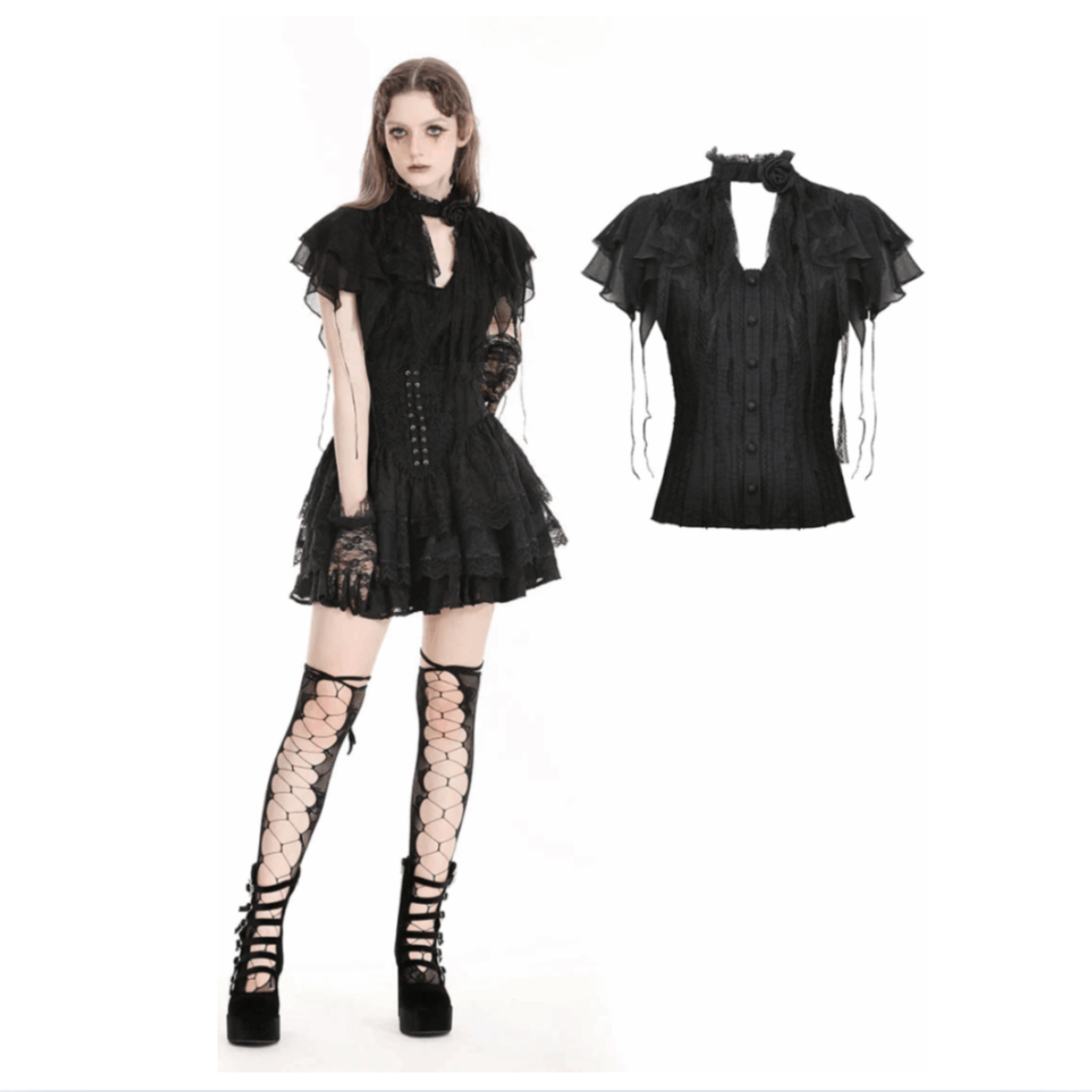 gothic tattered cape blouse black lace trim victorian ruffled sleeves high neck collar button down gothic top fetish fashion