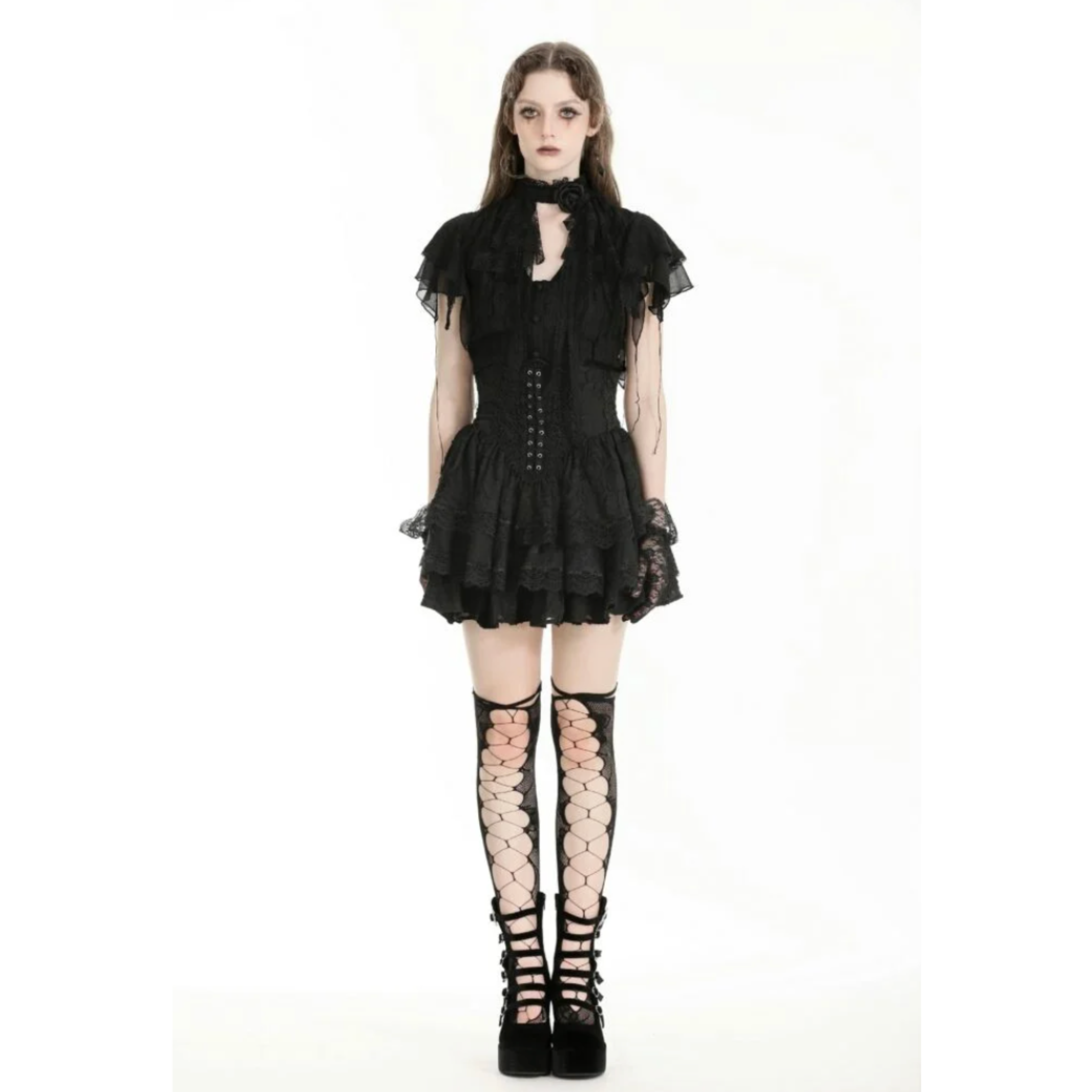 gothic tattered cape blouse black lace trim victorian ruffled sleeves high neck collar button down gothic top fetish fashion