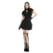 gothic tattered cape blouse black lace trim victorian ruffled sleeves high neck collar button down gothic top fetish fashion