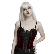 Velvet polyester elastane grommets satin lace plastic apparel top corset corset-top sleeveless sweetheart lace-up zipper side-zip swan-hook adjustable shoulder-strap plastic-boning beaded gorgeous soft smooth exquisite visual-focus fetish fashion alt-fashion alternative goth gothic casual costume cosplay halloween afterdark-collection female femme feminine womens red