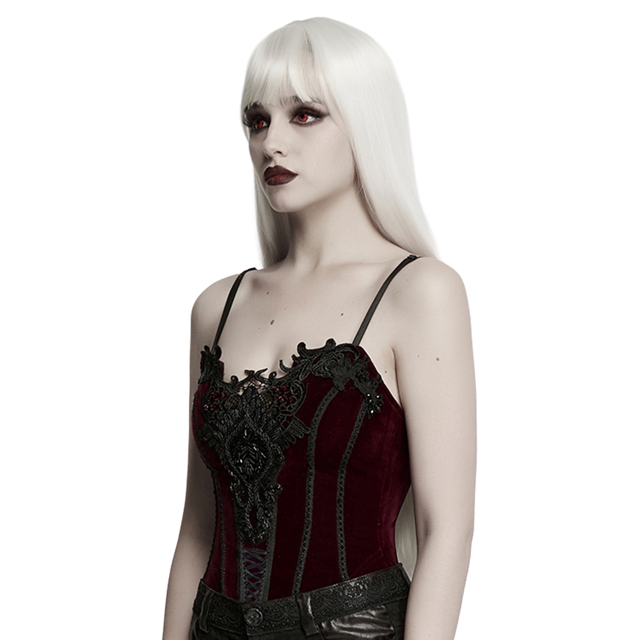 Velvet polyester elastane grommets satin lace plastic apparel top corset corset-top sleeveless sweetheart lace-up zipper side-zip swan-hook adjustable shoulder-strap plastic-boning beaded gorgeous soft smooth exquisite visual-focus fetish fashion alt-fashion alternative goth gothic casual costume cosplay halloween afterdark-collection female femme feminine womens red