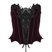 Velvet polyester elastane grommets satin lace plastic apparel top corset corset-top sleeveless sweetheart lace-up zipper side-zip swan-hook adjustable shoulder-strap plastic-boning beaded gorgeous soft smooth exquisite visual-focus fetish fashion alt-fashion alternative goth gothic casual costume cosplay halloween afterdark-collection female femme feminine womens red
