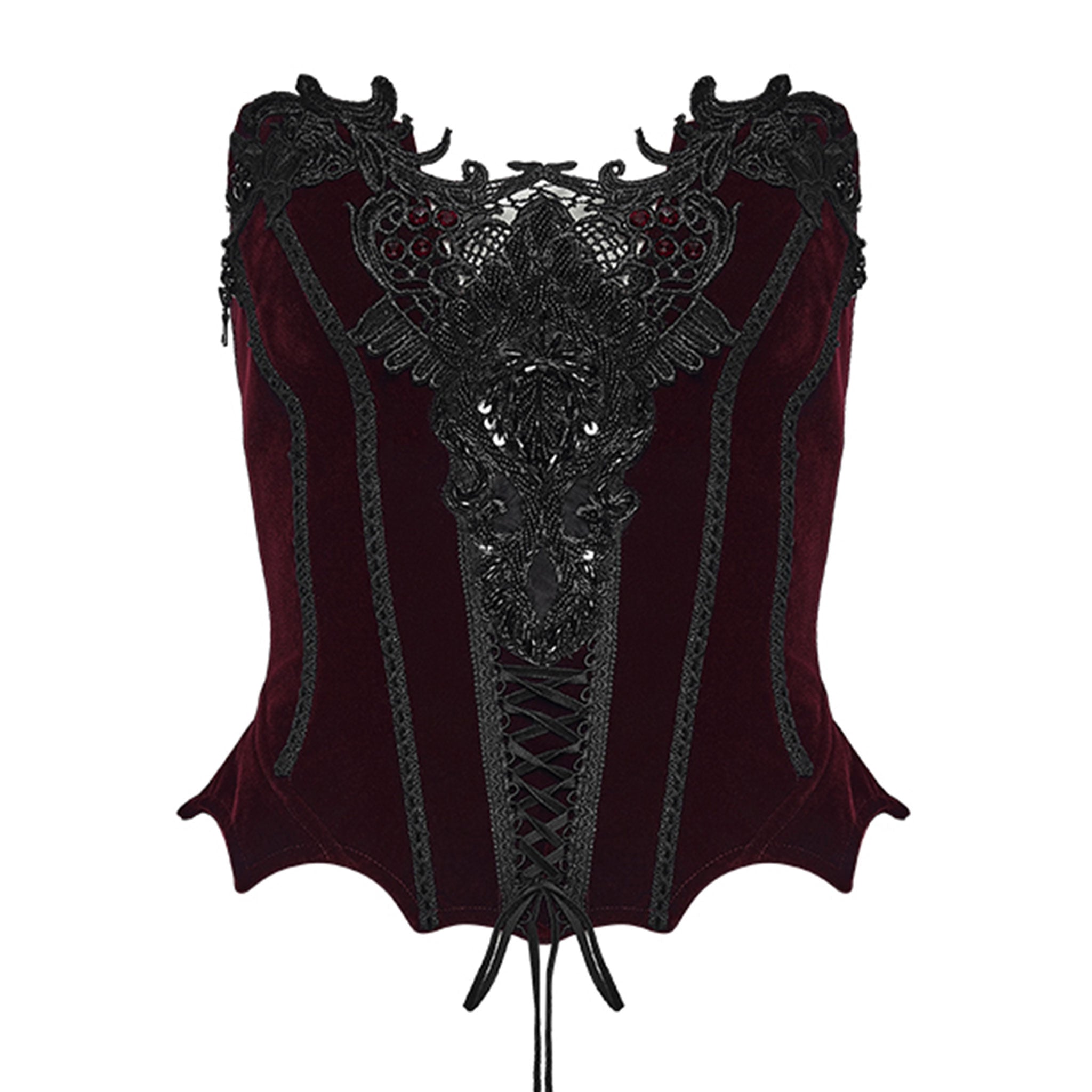 Velvet polyester elastane grommets satin lace plastic apparel top corset corset-top sleeveless sweetheart lace-up zipper side-zip swan-hook adjustable shoulder-strap plastic-boning beaded gorgeous soft smooth exquisite visual-focus fetish fashion alt-fashion alternative goth gothic casual costume cosplay halloween afterdark-collection female femme feminine womens red