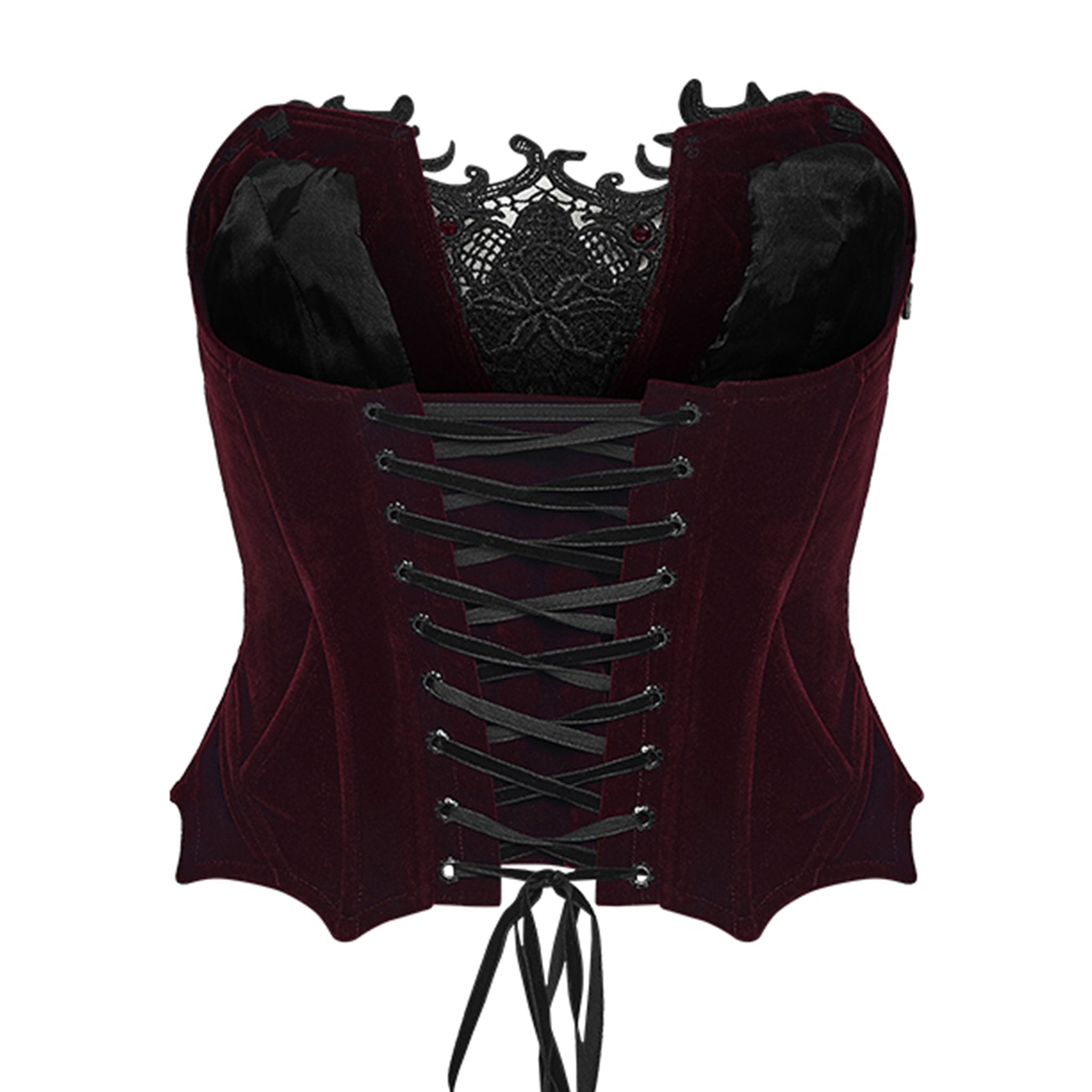 Velvet polyester elastane grommets satin lace plastic apparel top corset corset-top sleeveless sweetheart lace-up zipper side-zip swan-hook adjustable shoulder-strap plastic-boning beaded gorgeous soft smooth exquisite visual-focus fetish fashion alt-fashion alternative goth gothic casual costume cosplay halloween afterdark-collection female femme feminine womens red