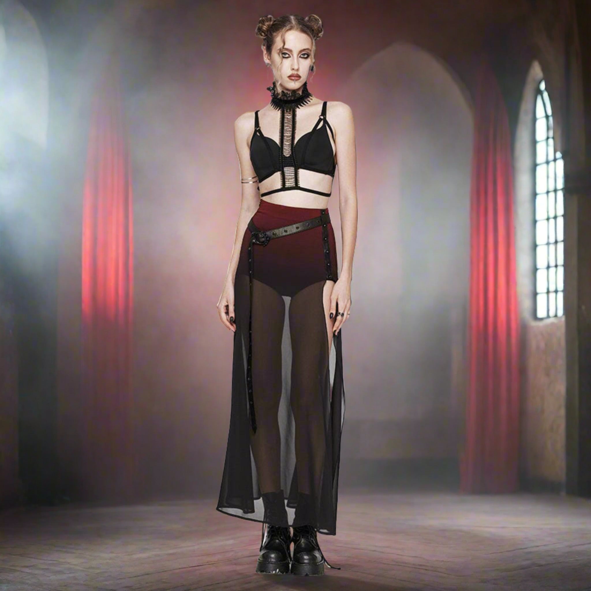 gradient mesh split chiffon maxi skirt with belt gothic high slit skirt with studs chiffon maxi skirt gothic lingerie fetish fashion