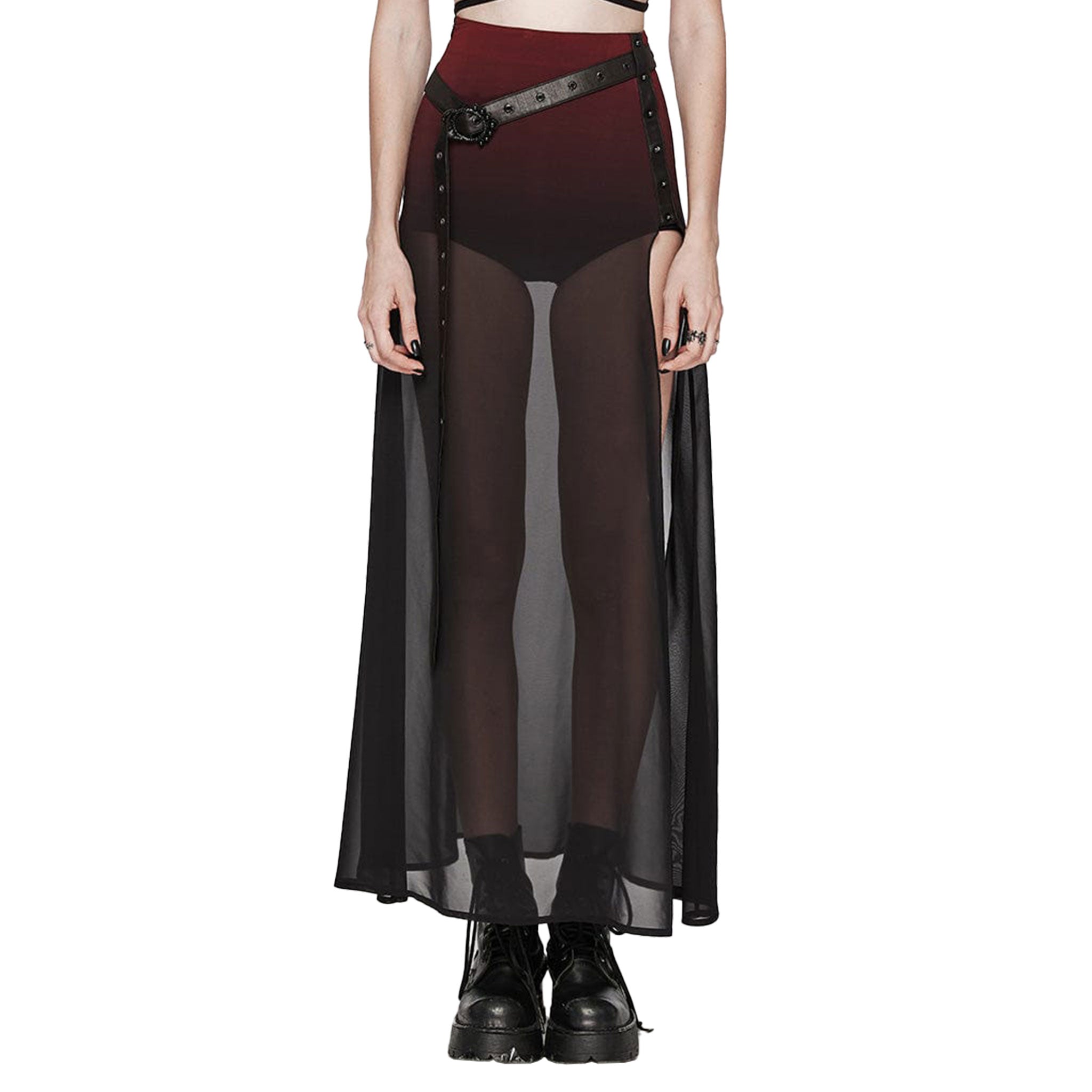 gradient mesh split chiffon maxi skirt with belt gothic high slit skirt with studs chiffon maxi skirt gothic lingerie fetish fashion
