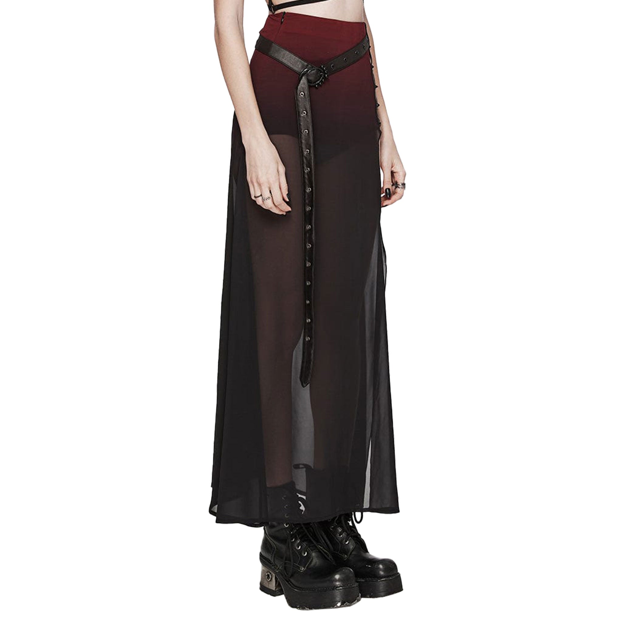 gradient mesh split chiffon maxi skirt with belt gothic high slit skirt with studs chiffon maxi skirt gothic lingerie fetish fashion
