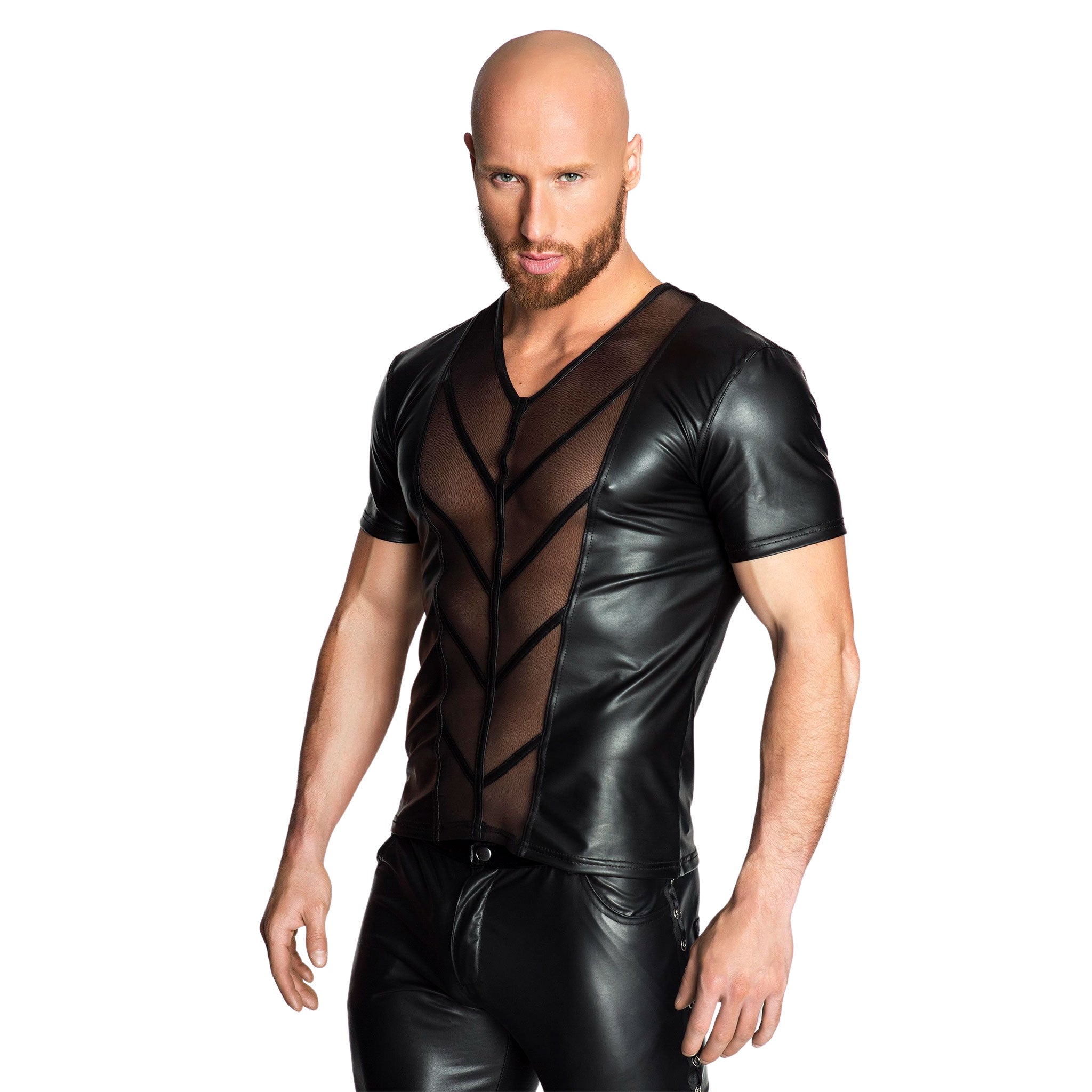 PVC vinyl wetlook power powerwetlook top shirt t-shirt mesh panels transparent sheer noir black 