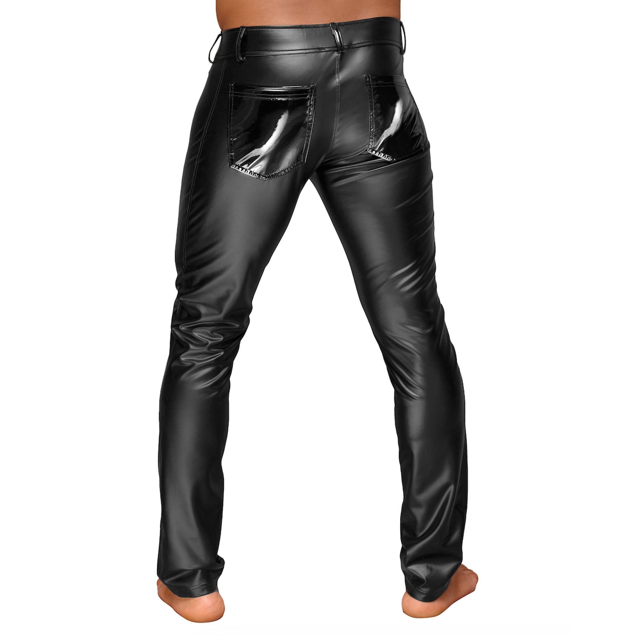 Wetlook power powerwetlook PVC vinyl elastic matte glossy pleated crotch front pants trousers belt loops pockets snap-button push button noir black