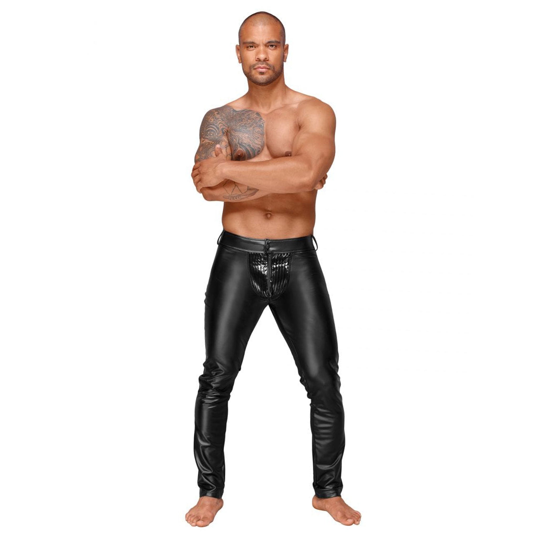 Wetlook power powerwetlook PVC vinyl elastic matte glossy pleated crotch front pants trousers belt loops pockets snap-button push button noir black