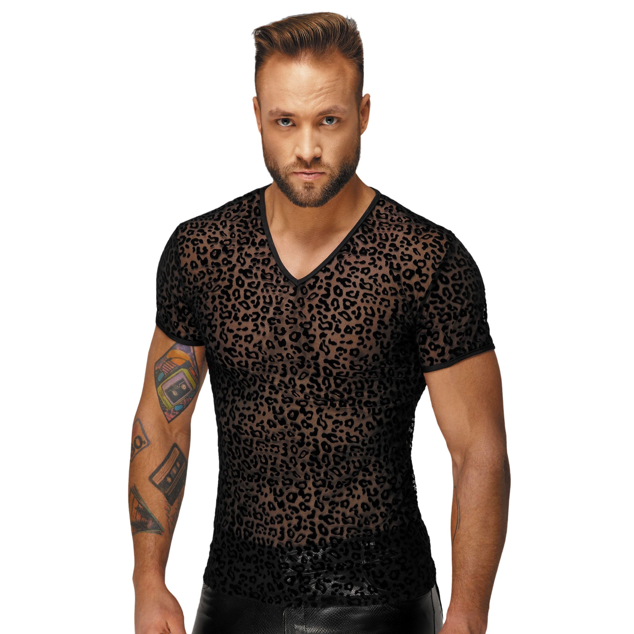 Mesh sheer transparent stretch elastic top shirt t-shirt tshirt tee tee-shirt V-neck short-sleeve velvet flocking animal print leopard wild noir black