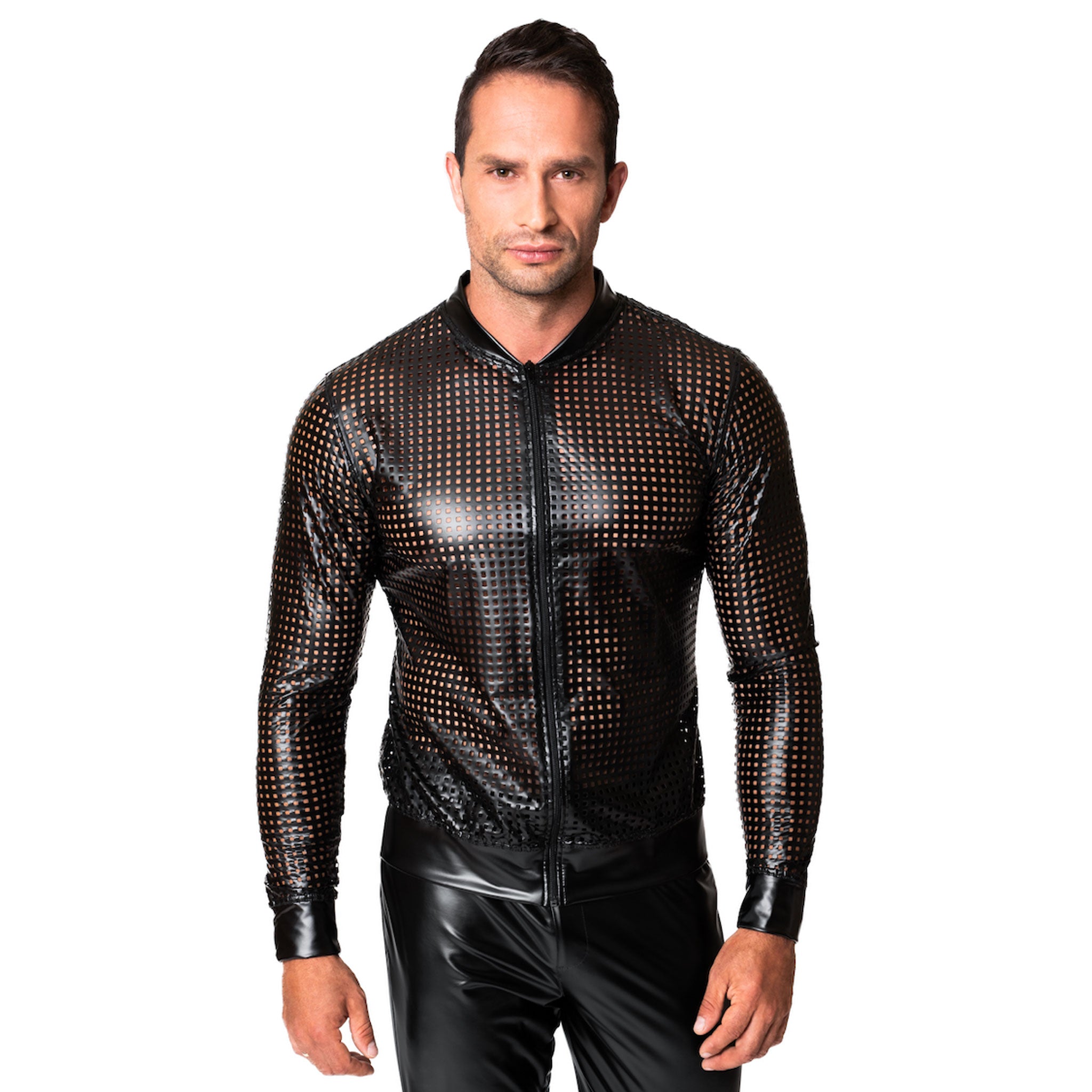 Wetlook power powerwetlook top coat jacket crew bomber laser-cut lazer-cut perforated full-length front zipper long-sleeve noir black