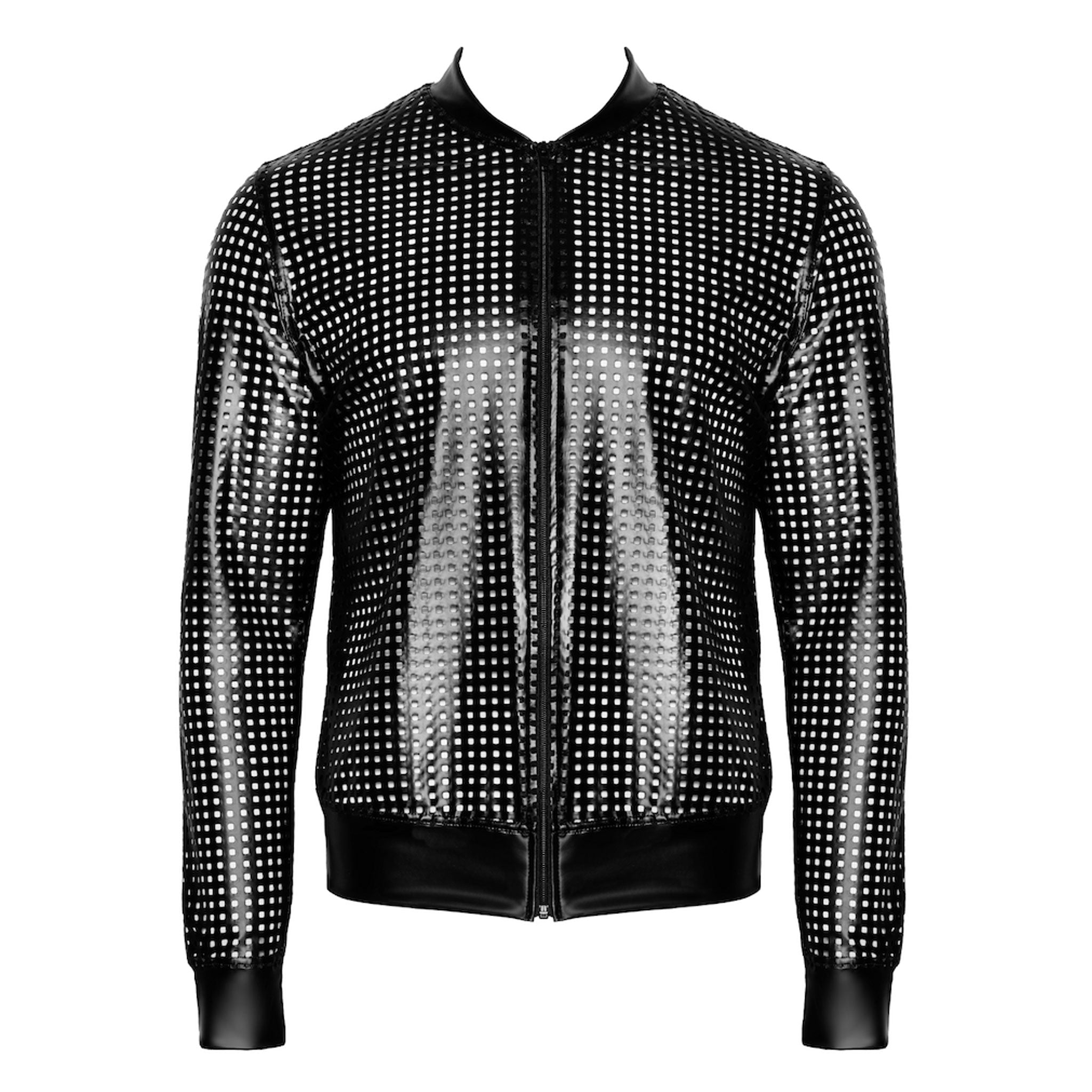 Wetlook power powerwetlook top coat jacket crew bomber laser-cut lazer-cut perforated full-length front zipper long-sleeve noir black