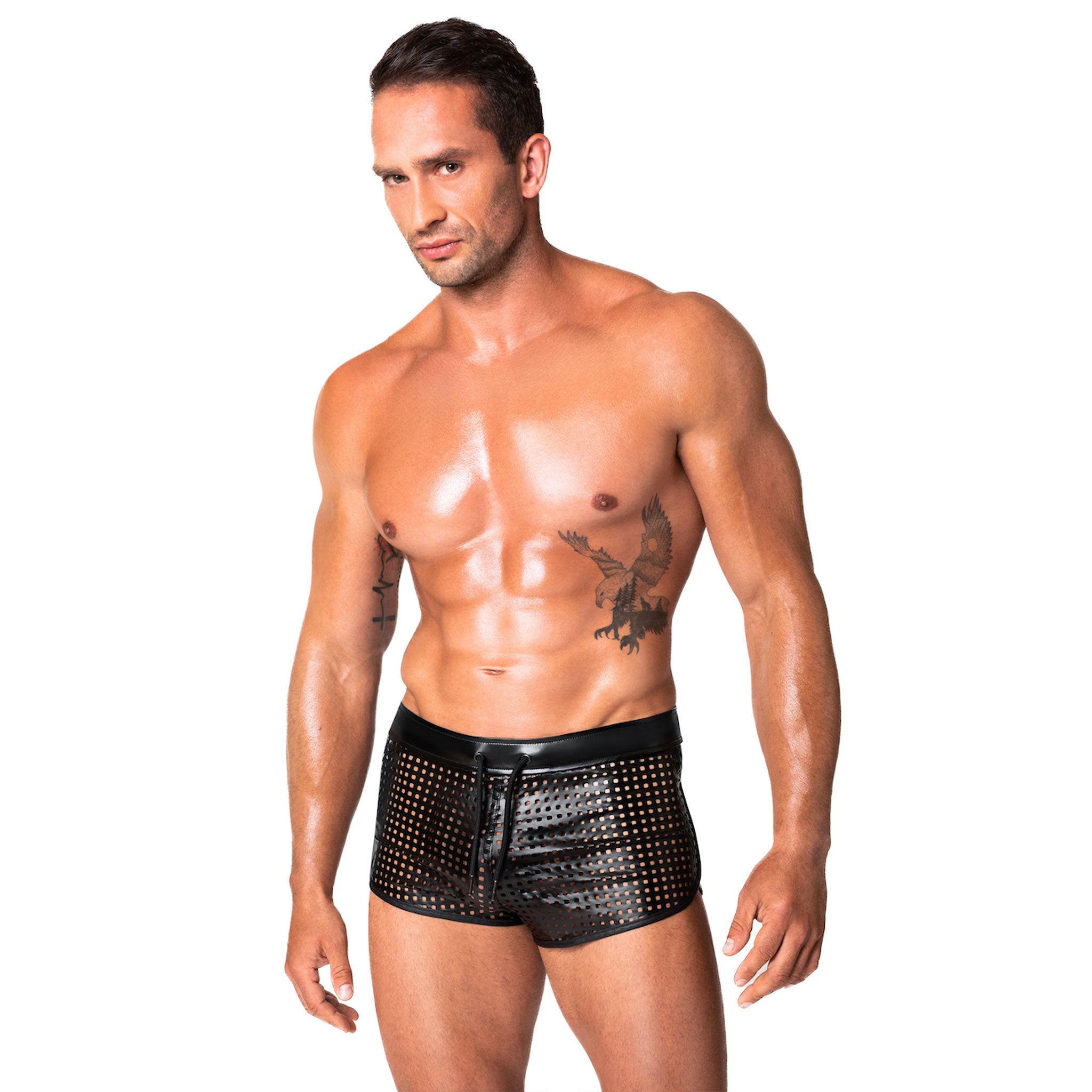 Wetlook power powerwetlook perforated laser cut lazer laser-cut lazer-cut bottoms shorts boxers briefs underwear lingerie intimates elastic waistband drawstring nylon cording sexy noir black