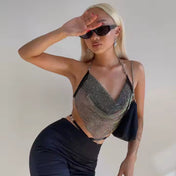 Tie-Back Rhinestone Fishnet Halter Top Black O/S