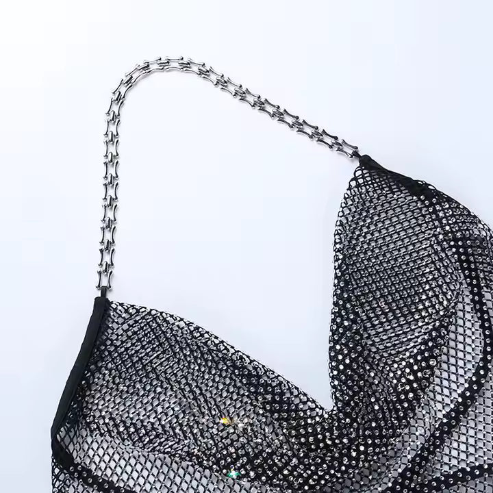 Tie-Back Rhinestone Fishnet Halter Top Black O/S