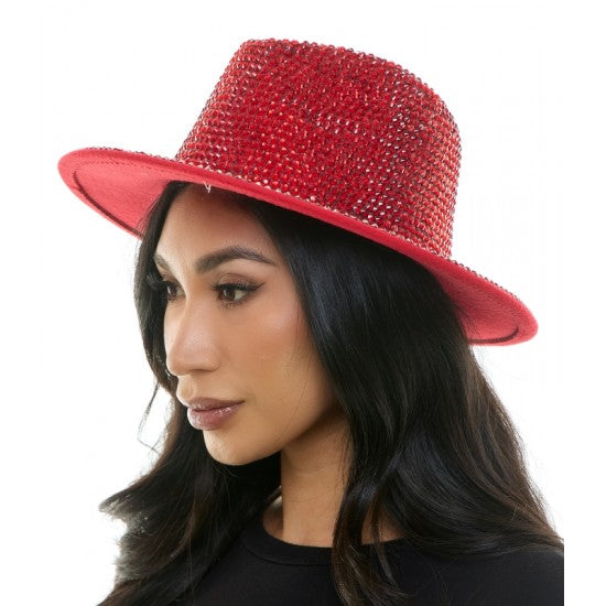 Red Rhinestones Wide Fedora Hat