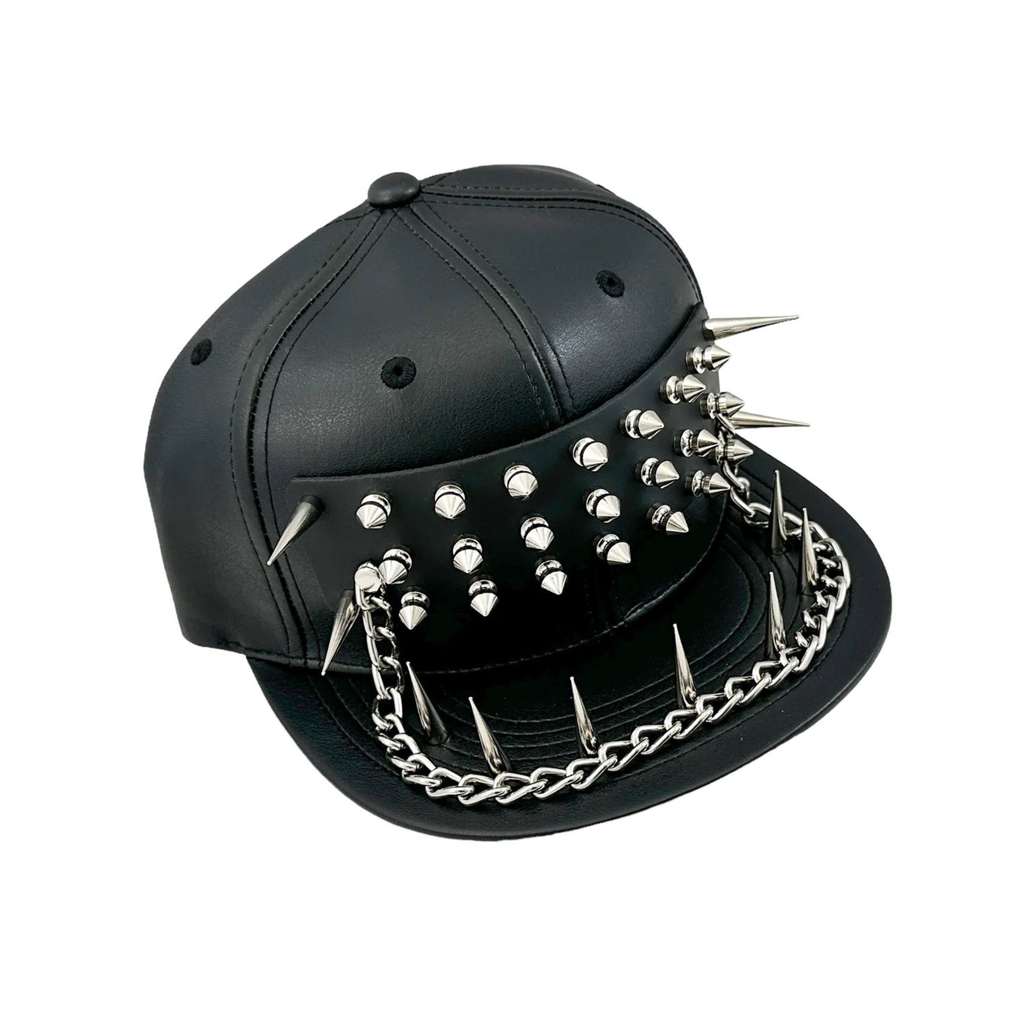 Vegan faux leather studded spikes chains baseball hat cap buckle closure 