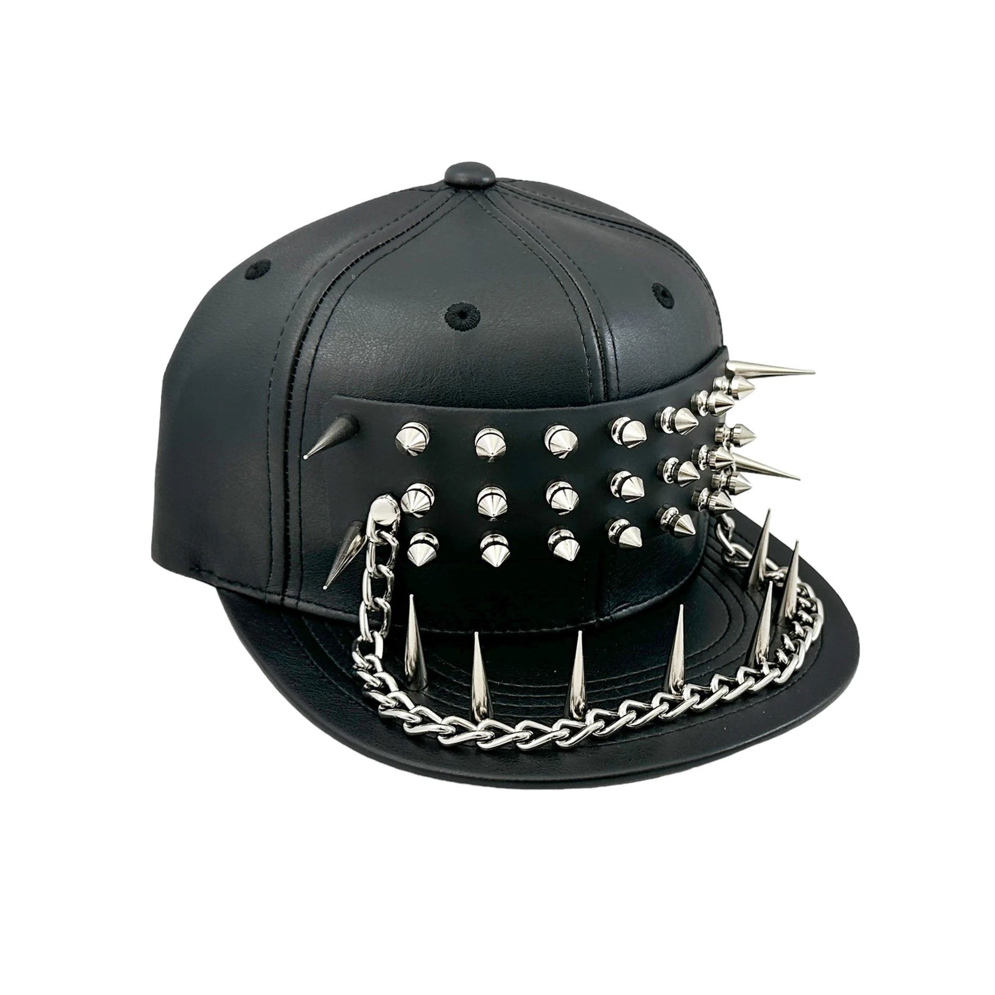 Vegan faux leather studded spikes chains baseball hat cap buckle closure 