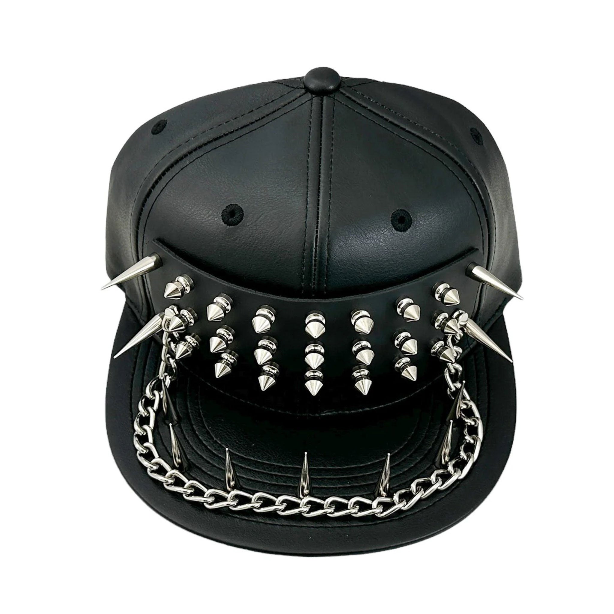 Vegan faux leather studded spikes chains baseball hat cap buckle closure 