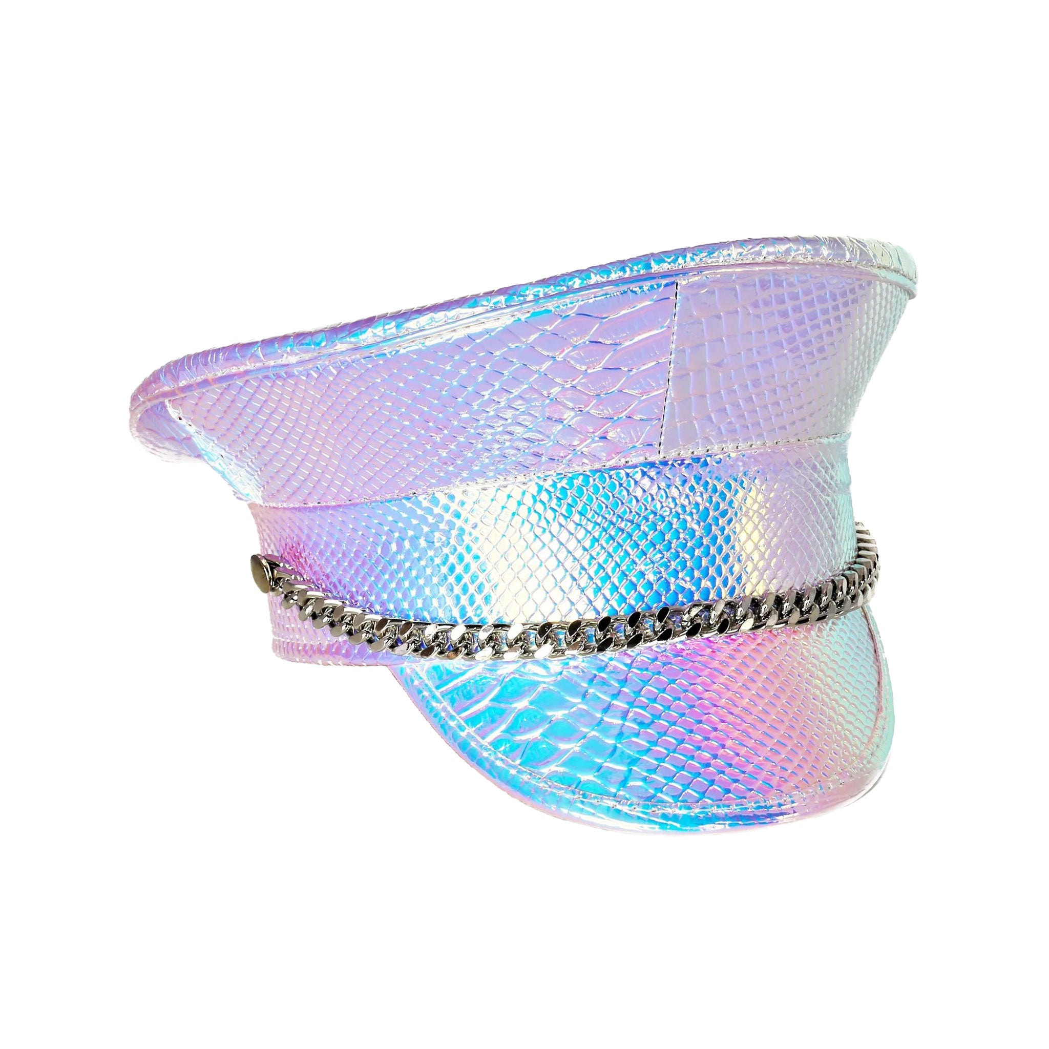 PU leather military police captain hat headgear hanging chain snake skin rave accessories holographic iridescent rainbow