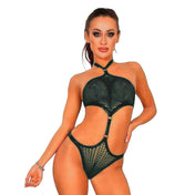 Latex 3d-printed bodysuit fish net fishnet fish-net halter neck front strap geometric see-thru seethru mesh one-piece back clasp women female feminine femme provocative black
