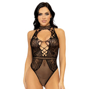 Nylon spandex elastane lingerie teddy intimates body suit bodysuit body-suit halter neck halter-neck halterneck keyhole neckline fishnet fish-net fish net lace lace-pattern scalloped lace-up laceup back stretchy breathable crotchless bottom women womens female feminine femme black