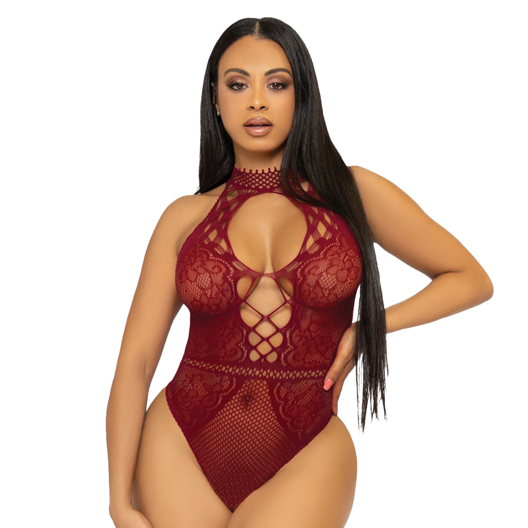 Nylon spandex elastane lingerie teddy intimates body suit bodysuit body-suit halter neck halter-neck halterneck keyhole neckline fishnet fish-net fish net lace lace-pattern scalloped lace-up laceup back stretchy breathable crotchless bottom women womens female feminine femme burgundy