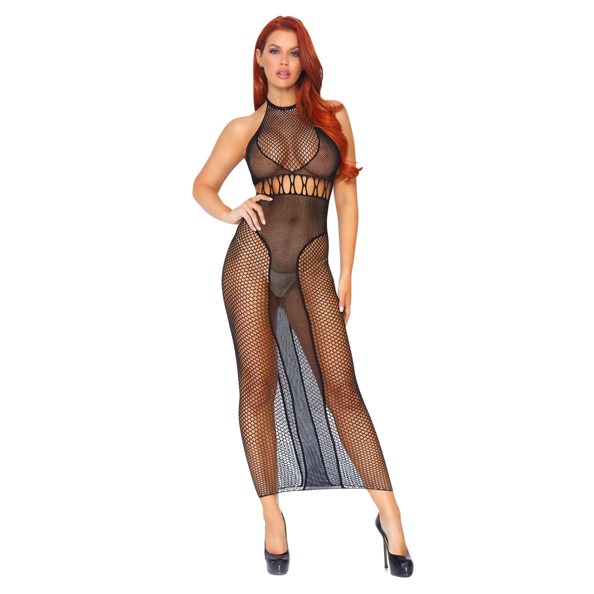 Spandex nylon fishnet fish-net multinet multi-net dress chemise body-con body-con bodystocking body-stocking halterneck halter-neck sleeveless dual silhouette open-back bare-back naughty bikini-coverup breathable enticing lingerie trendy bad-girl badgirl bold party clubwear club-wear female femme feminine women black