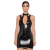 Polyester polyurethane elastane PVC vinyl dress mini mini-dress minidress striped stripes stripe halter-neck halterneck collar snap-button press-button strappy sleeveless full-length back-zip zipper fetish fashion female feminine femme women sexy shiny glossy matte party lbd orage black