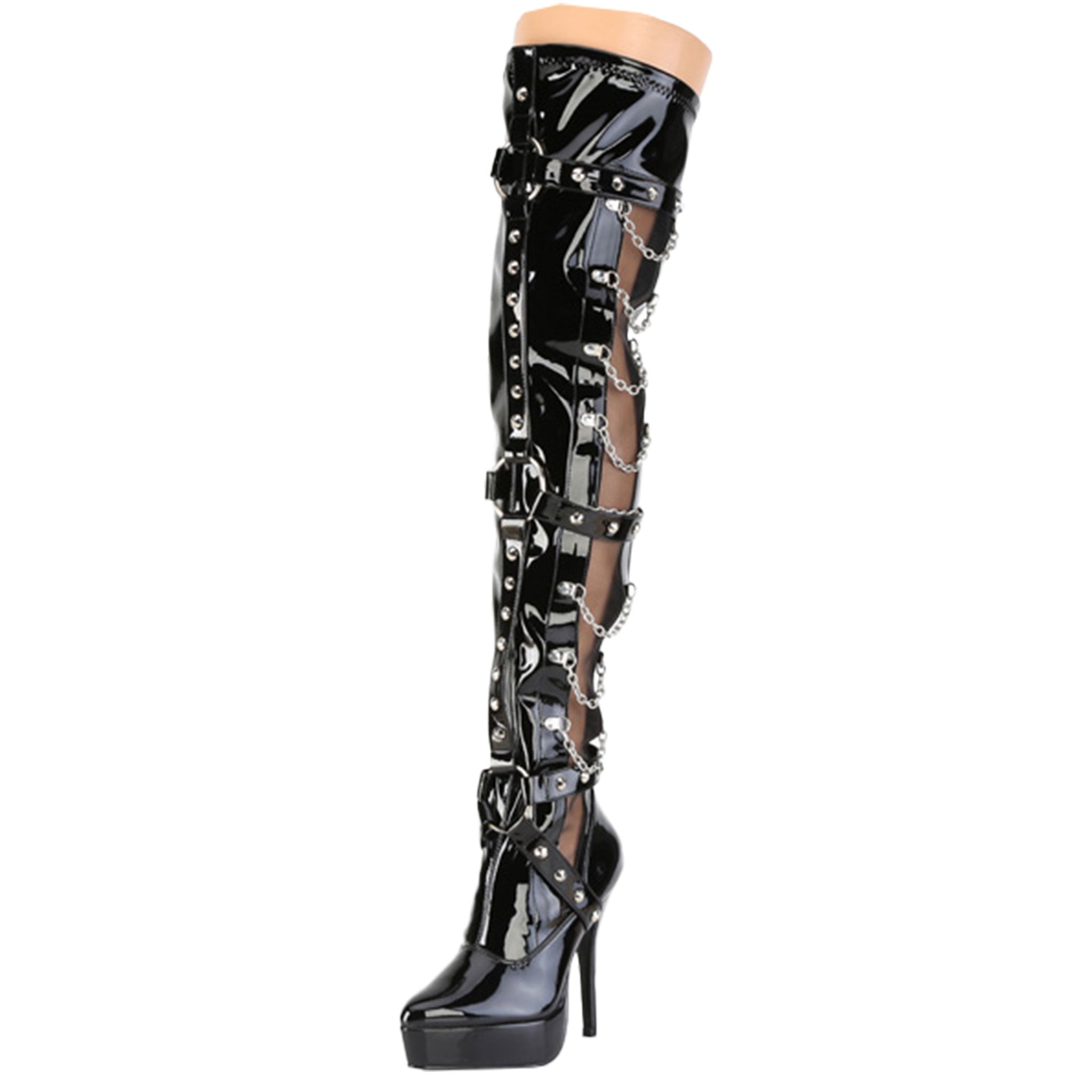 PVC vinyl mesh sheer transparent mesh-panels footwear shoes boots thigh-high thigh-hi platform platform-heel stiletto-heel stiletto high-heel strappy round-toe cone-studs studded hanging-chains O-ring D-ring inside-zip full-zip zipper stretch stretchy shiny glossy fierce strut edgy bold maximum-impact bdsm bdsm-inspired bondage-inspired fetish fashion alt-fashion indulge female femme feminine women black