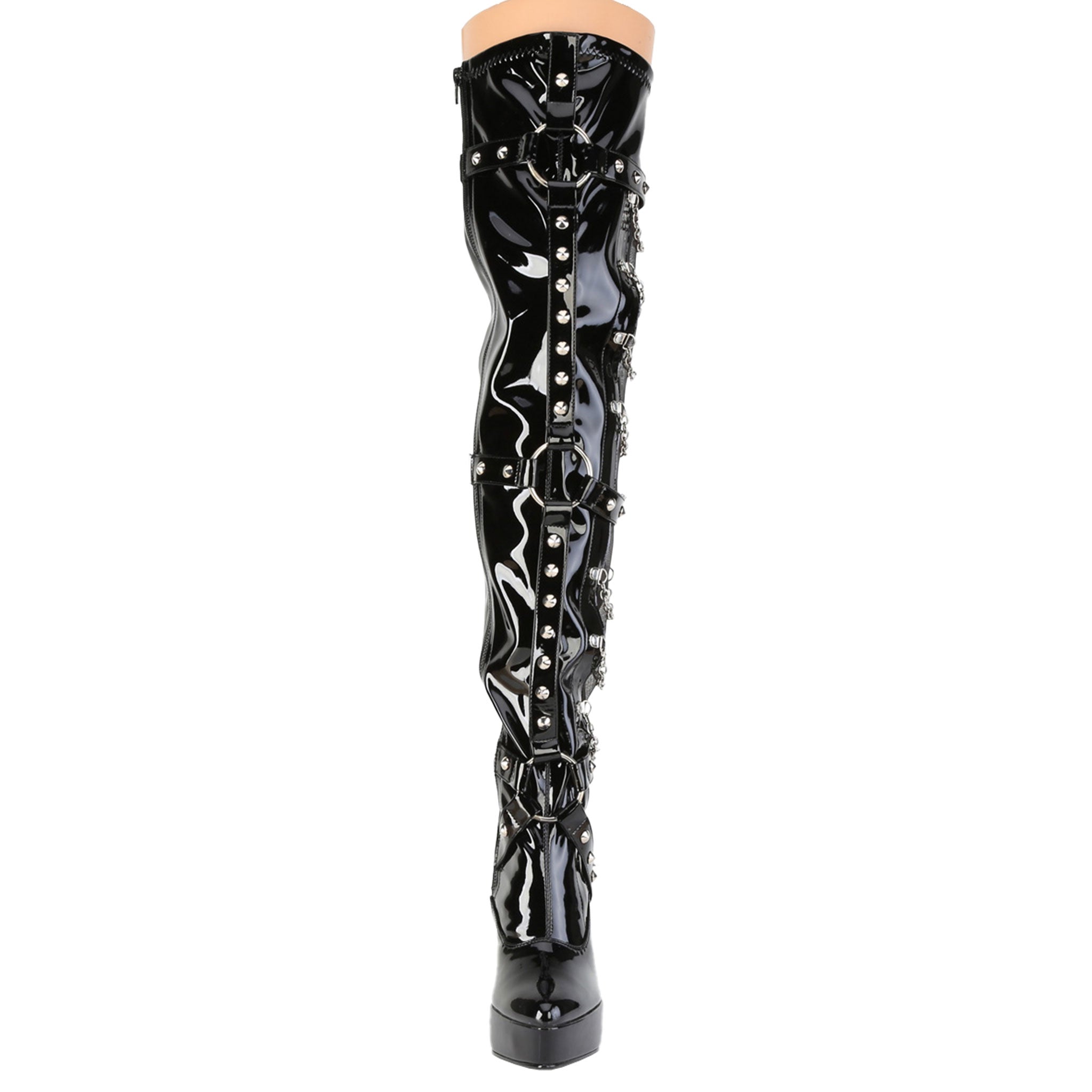 PVC vinyl mesh sheer transparent mesh-panels footwear shoes boots thigh-high thigh-hi platform platform-heel stiletto-heel stiletto high-heel strappy round-toe cone-studs studded hanging-chains O-ring D-ring inside-zip full-zip zipper stretch stretchy shiny glossy fierce strut edgy bold maximum-impact bdsm bdsm-inspired bondage-inspired fetish fashion alt-fashion indulge female femme feminine women black