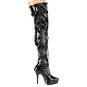 PVC vinyl mesh sheer transparent mesh-panels footwear shoes boots thigh-high thigh-hi platform platform-heel stiletto-heel stiletto high-heel strappy round-toe cone-studs studded hanging-chains O-ring D-ring inside-zip full-zip zipper stretch stretchy shiny glossy fierce strut edgy bold maximum-impact bdsm bdsm-inspired bondage-inspired fetish fashion alt-fashion indulge female femme feminine women black