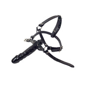Leather genuine harness head dildo dong rubber realistic gag mouth muzzle strap-on strapon adjustable buckle overhead neck studs studded locking lockable O-ring bondage bdsm bdsm-gear kink kinky kinky-play adult-toys sex-toys black