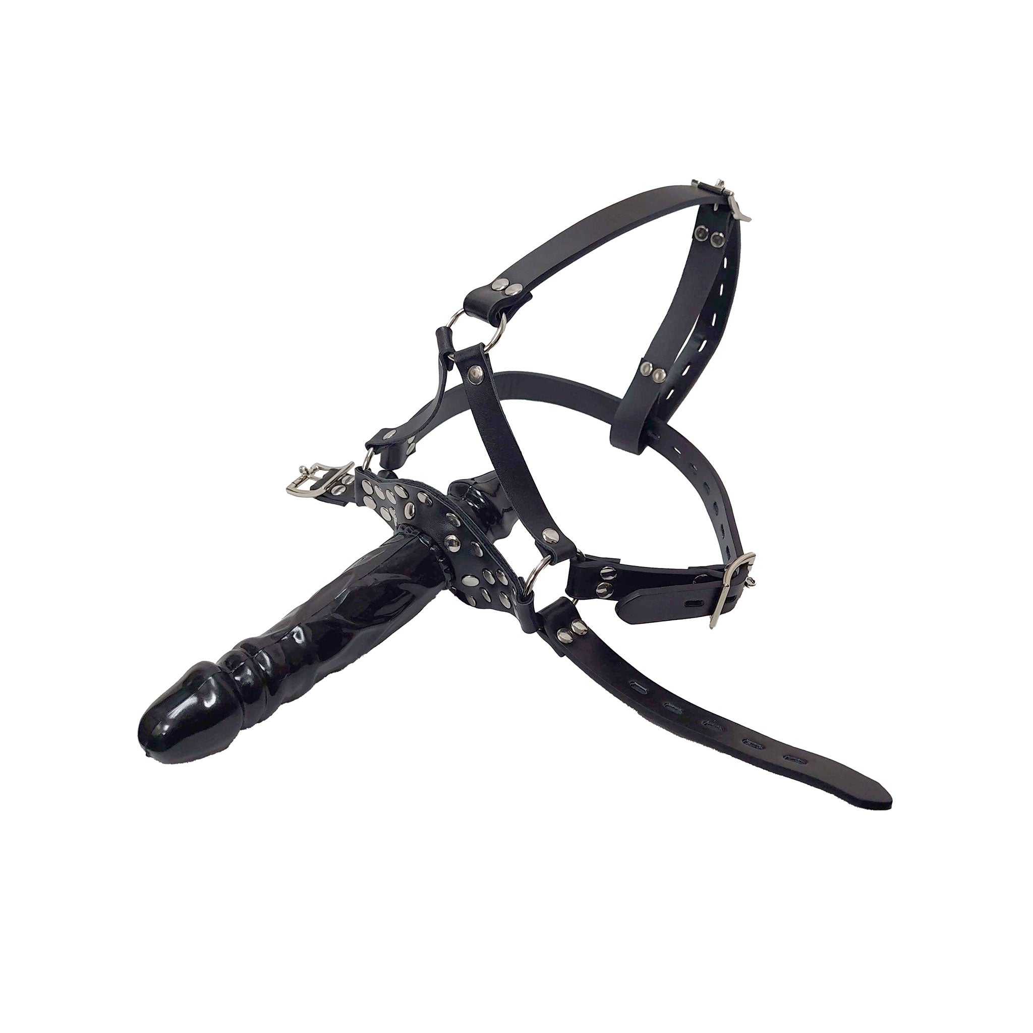 Leather genuine harness head dildo dong rubber realistic gag mouth muzzle strap-on strapon adjustable buckle overhead neck studs studded locking lockable O-ring bondage bdsm bdsm-gear kink kinky kinky-play adult-toys sex-toys black