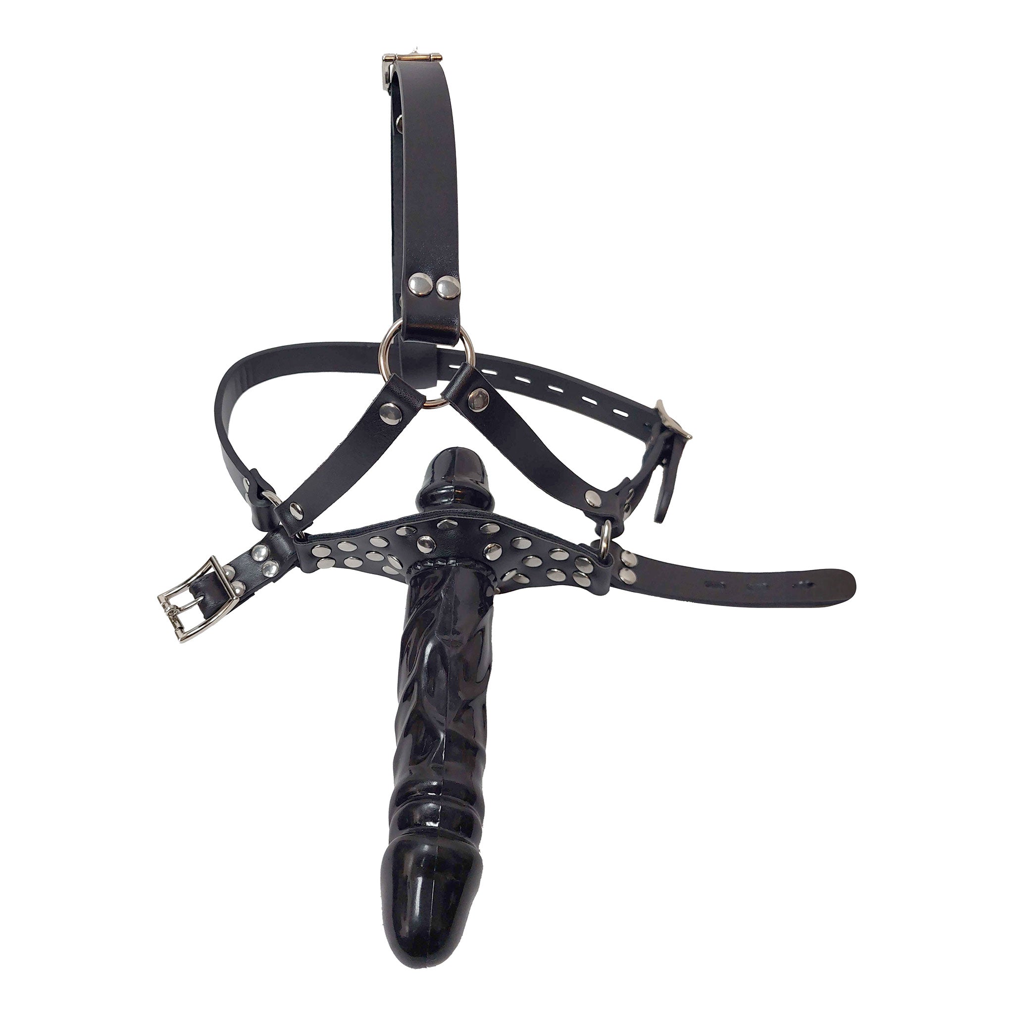 Leather genuine harness head dildo dong rubber realistic gag mouth muzzle strap-on strapon adjustable buckle overhead neck studs studded locking lockable O-ring bondage bdsm bdsm-gear kink kinky kinky-play adult-toys sex-toys black