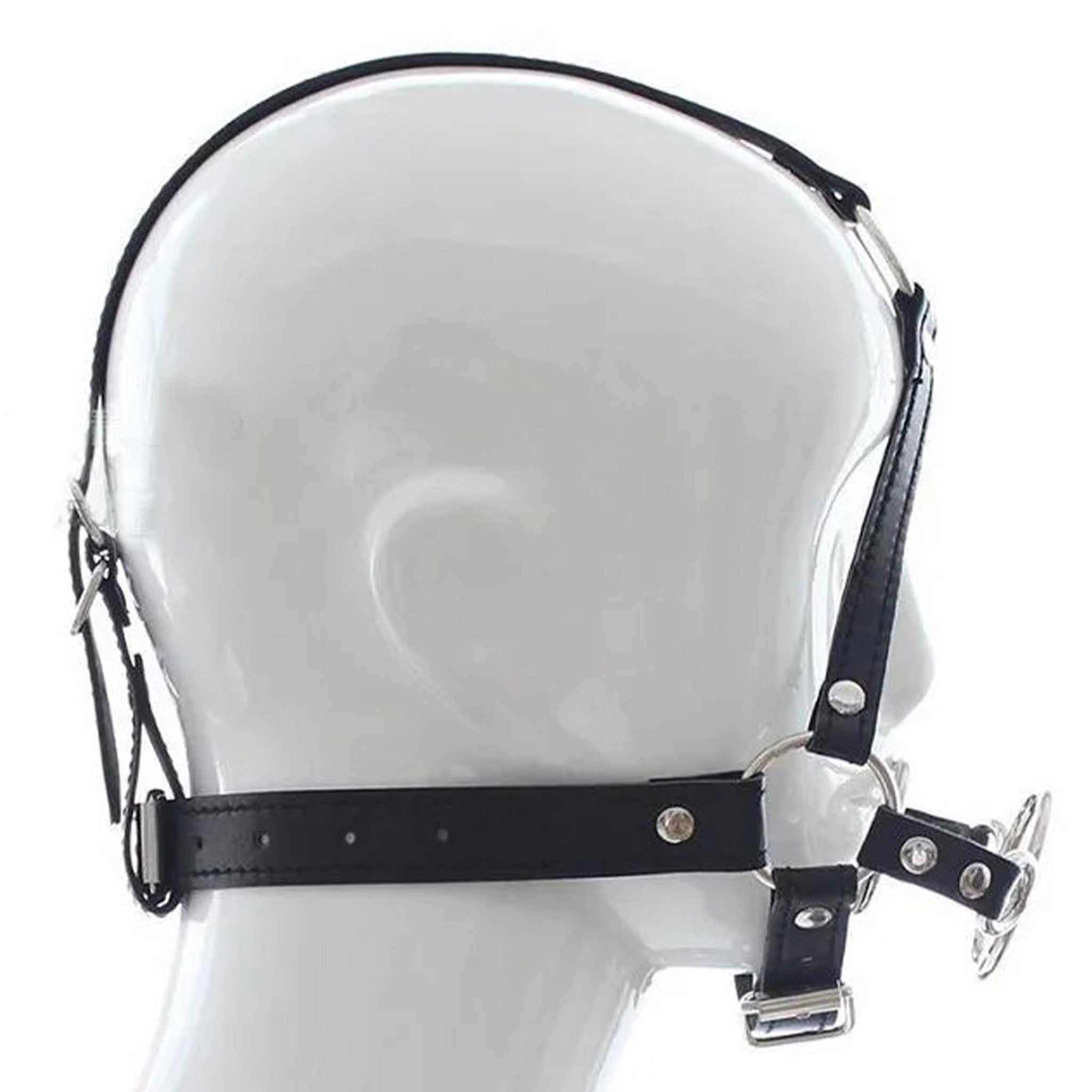 PU faux leather harness head gag mouth metallic double O-ring cage muzzle bondage bdsm bdsm-gear kink kinky kinky-play adult-toys black 
