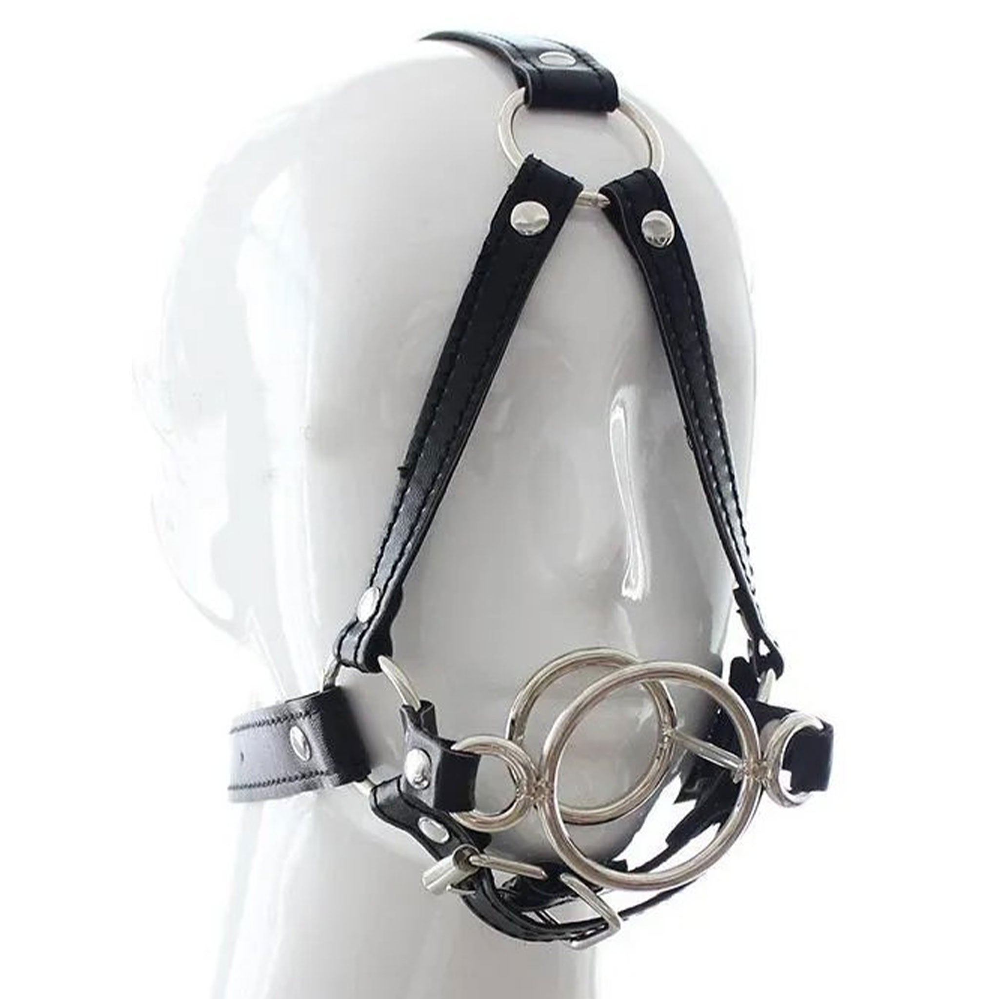 PU faux leather harness head gag mouth metallic double O-ring cage muzzle bondage bdsm bdsm-gear kink kinky kinky-play adult-toys black 