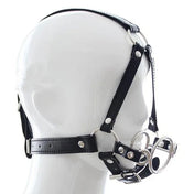PU faux leather harness head gag mouth metallic double O-ring cage muzzle bondage bdsm bdsm-gear kink kinky kinky-play adult-toys black 