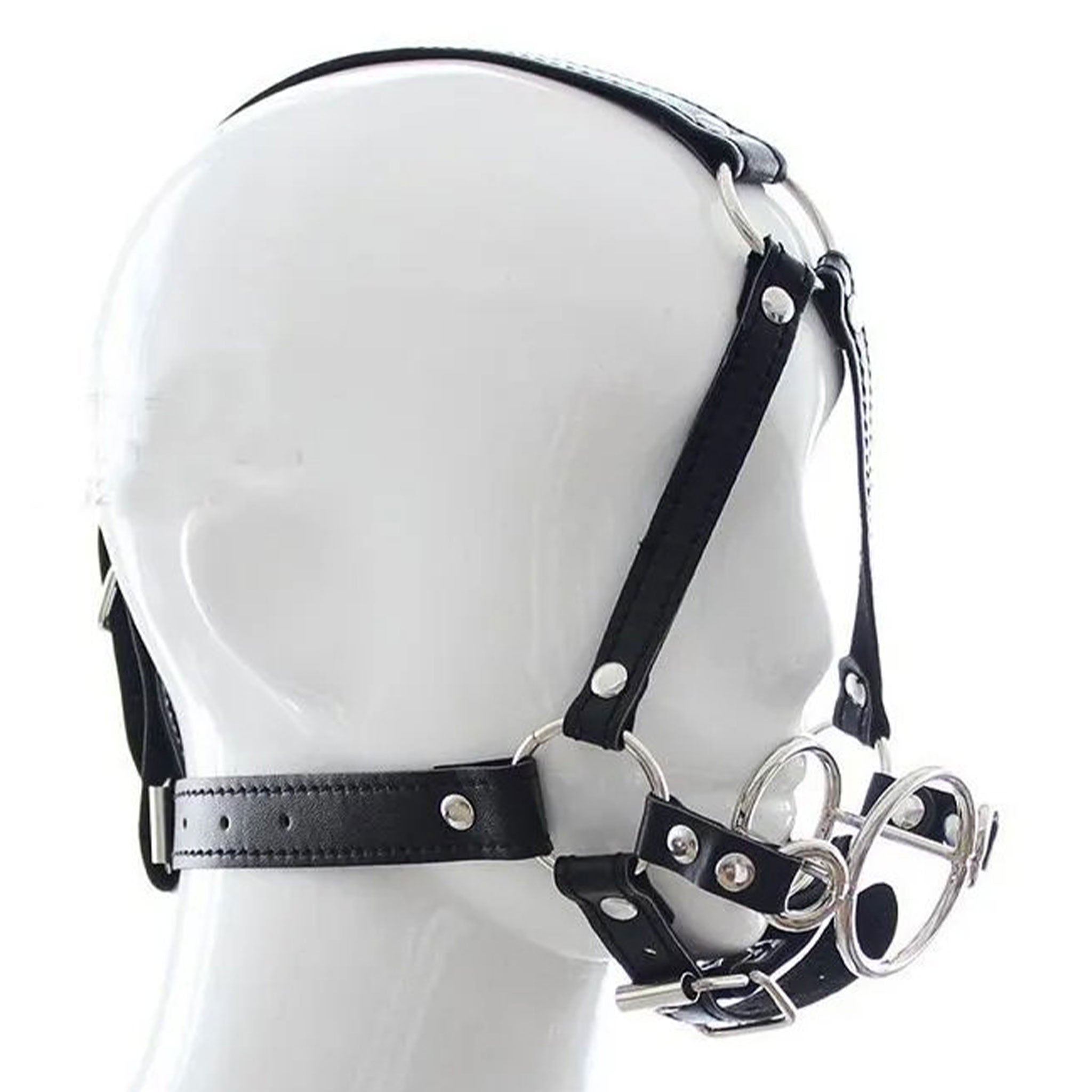 PU faux leather harness head gag mouth metallic double O-ring cage muzzle bondage bdsm bdsm-gear kink kinky kinky-play adult-toys black 