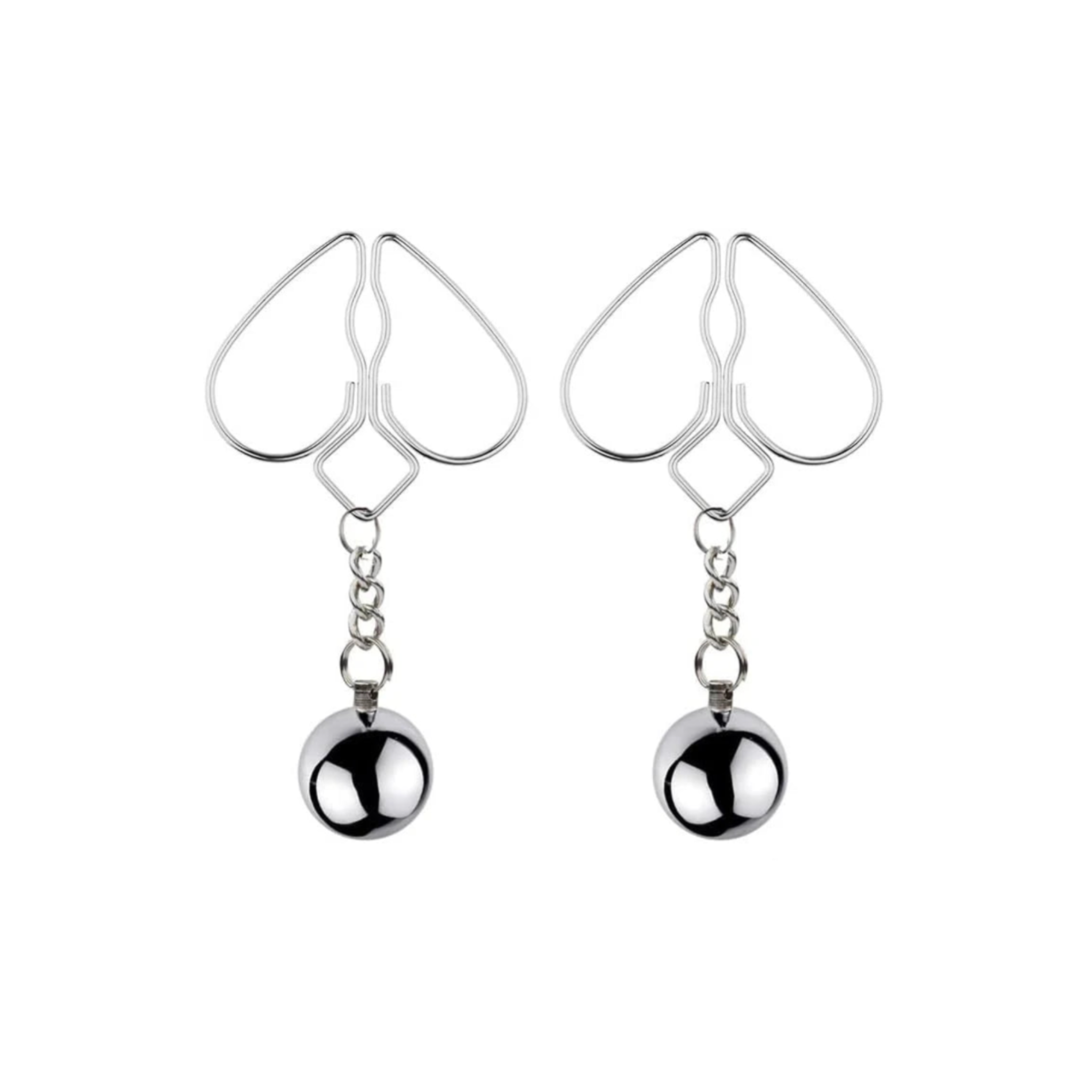Heart-shaped nipple clamps with weights, BDSM nipple clips, weighted nipple play clamps, metal sensory play clips, bondage nipple accessories.