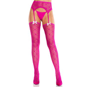 Nylon spandex sheer see-thru lace-trim accessories intimates hosiery pantyhose panty-hose tights lingerie garter-belt attached bows heart heart-lace bow-detail bow-accents heart-design sexy spicy sweet breathable soft stretchy flirty fashion alt-fashion bedroom valentines gifts female femme feminine womens pink hot-pink magenta