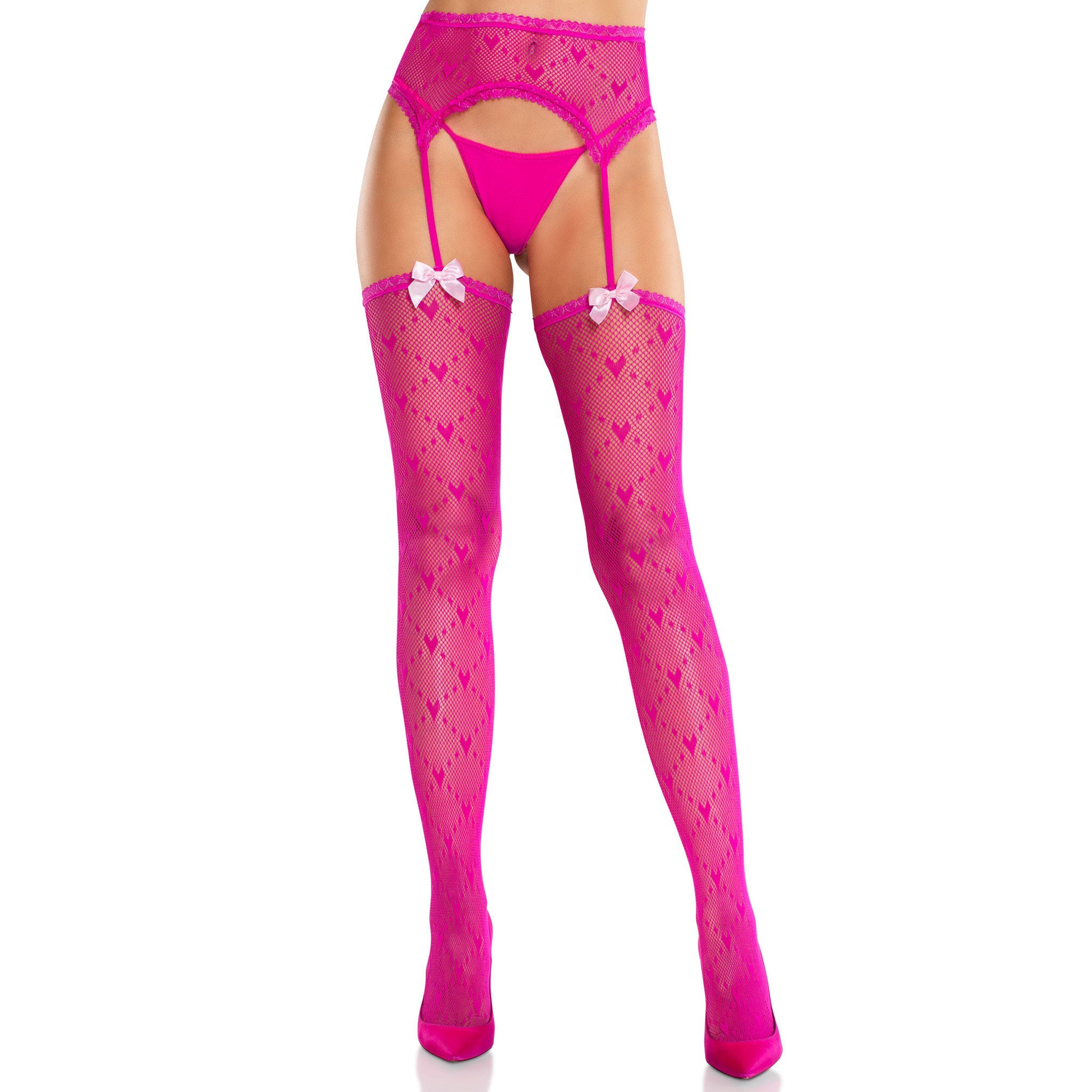Nylon spandex sheer see-thru lace-trim accessories intimates hosiery pantyhose panty-hose tights lingerie garter-belt attached bows heart heart-lace bow-detail bow-accents heart-design sexy spicy sweet breathable soft stretchy flirty fashion alt-fashion bedroom valentines gifts female femme feminine womens pink hot-pink magenta