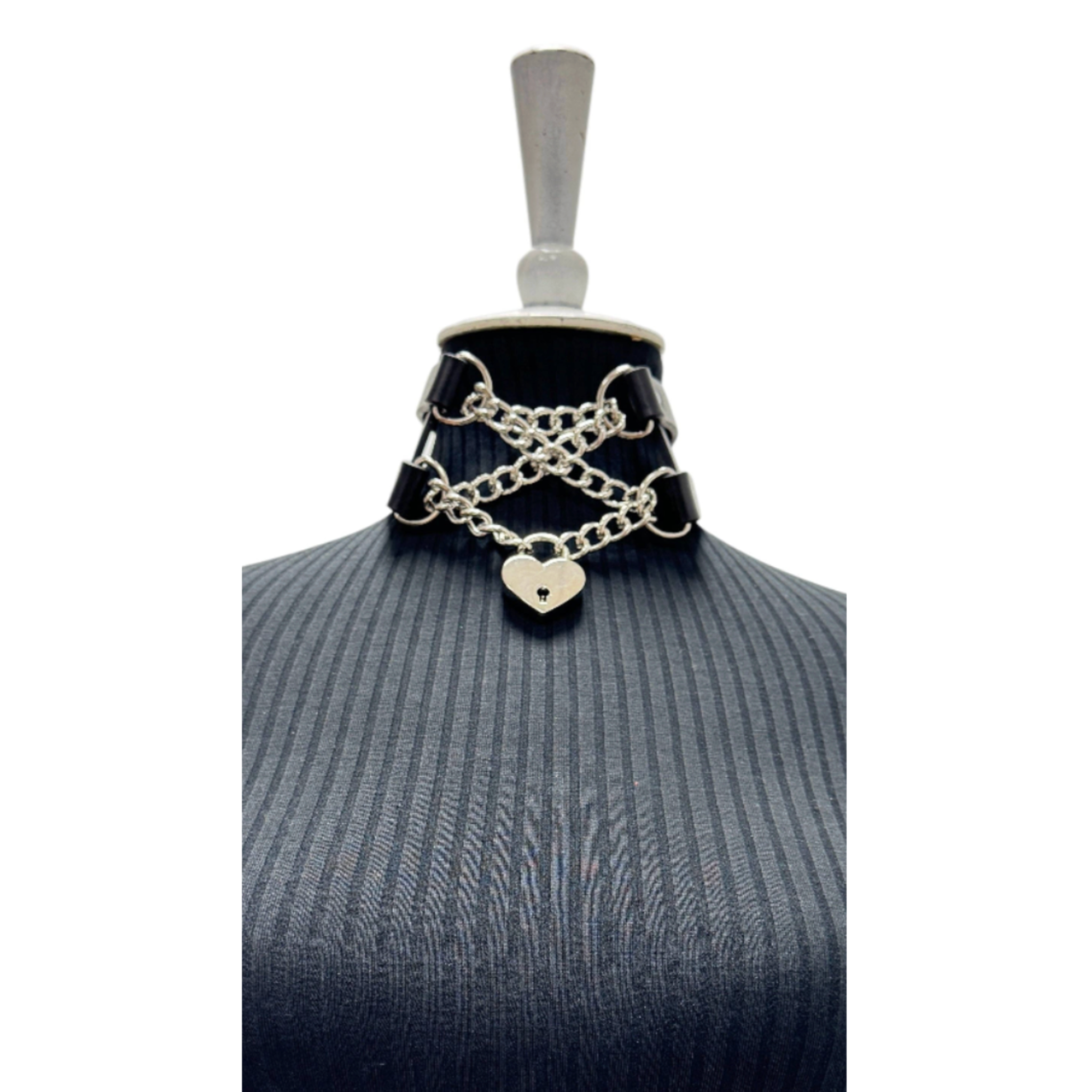 heart lock chain choker double strap leather gothic bondage necklace with dual buckle adjustable fetish accessory