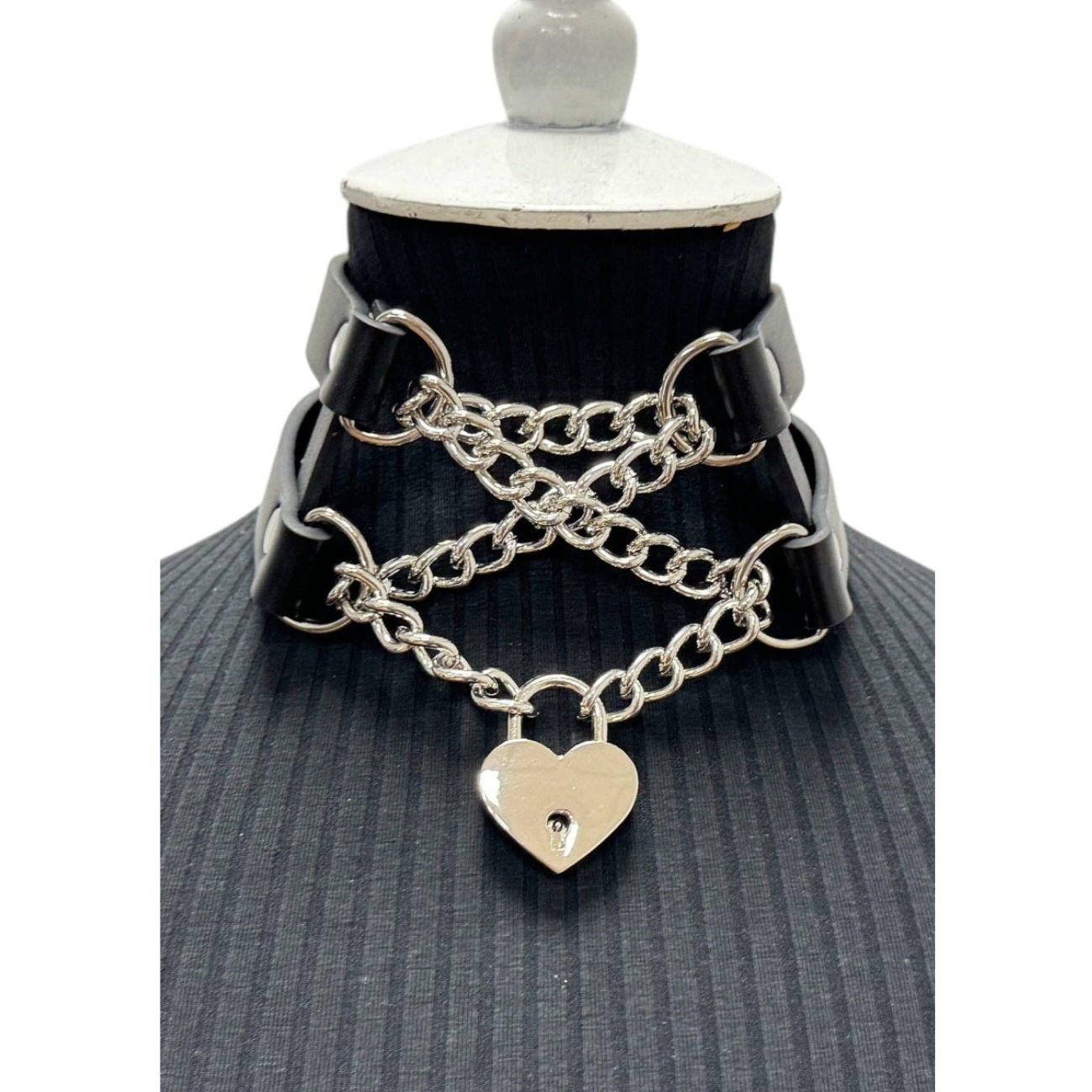 heart lock chain choker double strap leather gothic bondage necklace with dual buckle adjustable fetish accessory